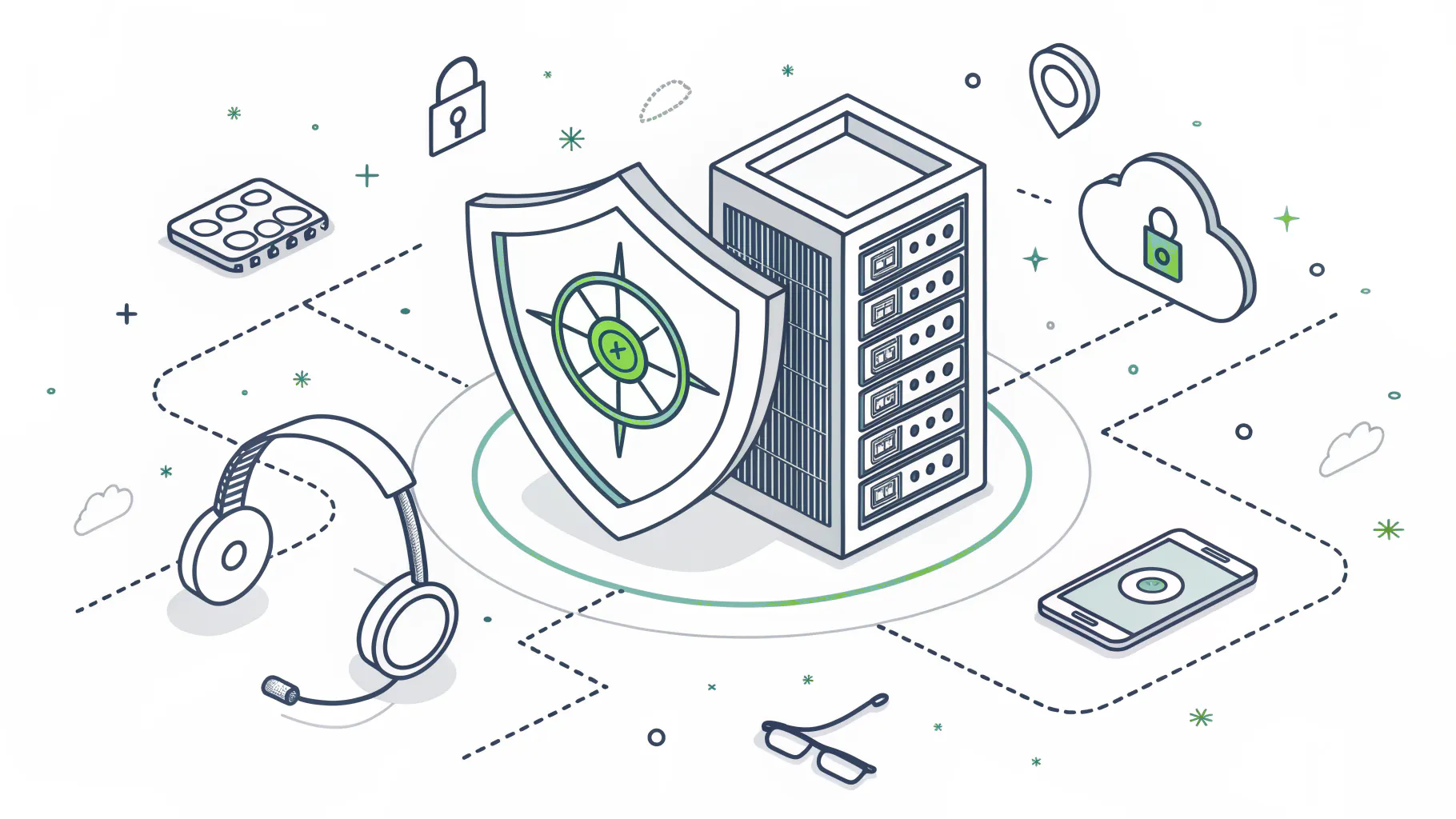 Security shield and monitoring layers orbiting a server rack alongside a support headset, representing the co-managed IT model wrapped around an internal team