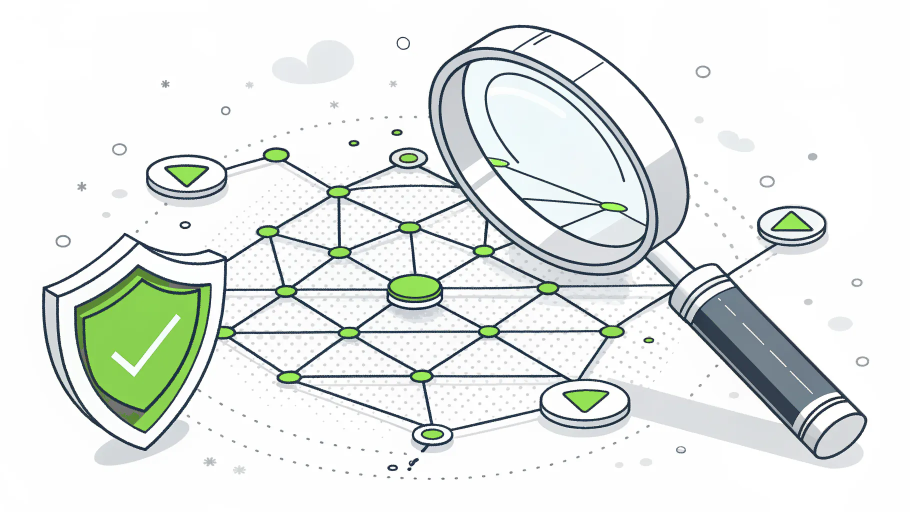 A magnifying glass over a web of connected network nodes beside a green shield, representing round-the-clock network monitoring