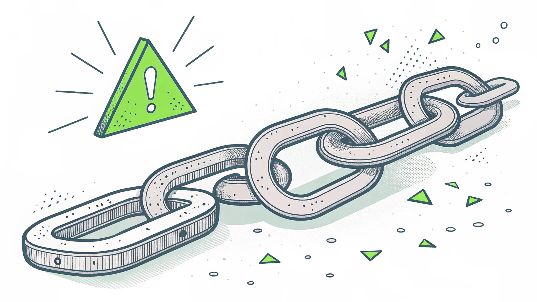 Isometric illustration of a supply chain drawn as chain links with a warning triangle marking the weakest handoff