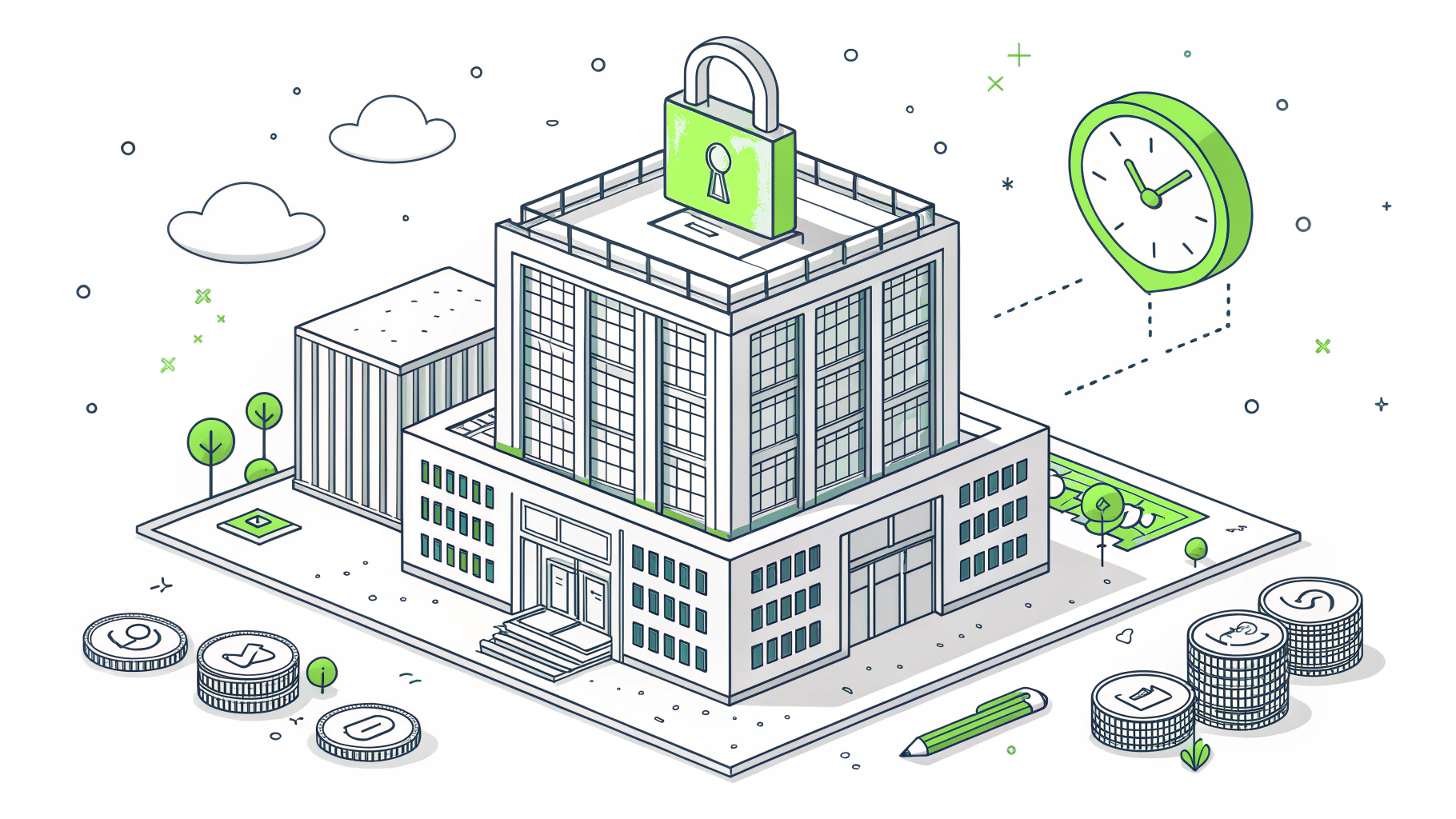 Isometric illustration of a ransomware attack cost spreading outward through a business in Consilien green and gray