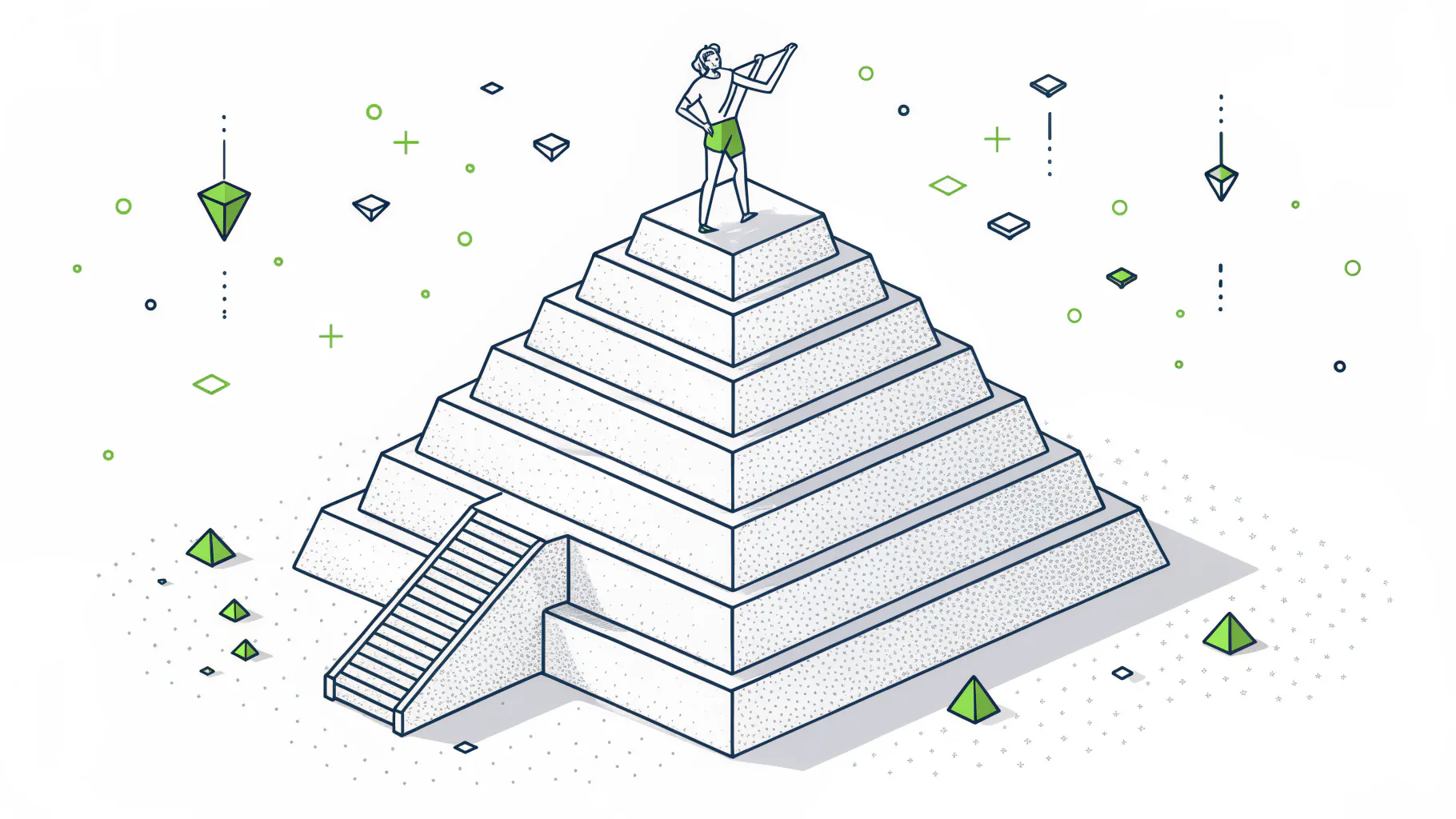 A stepped pyramid with a figure standing on the top block, illustrating the Pyramid of Pain from hash values at the base to attacker tactics at the top