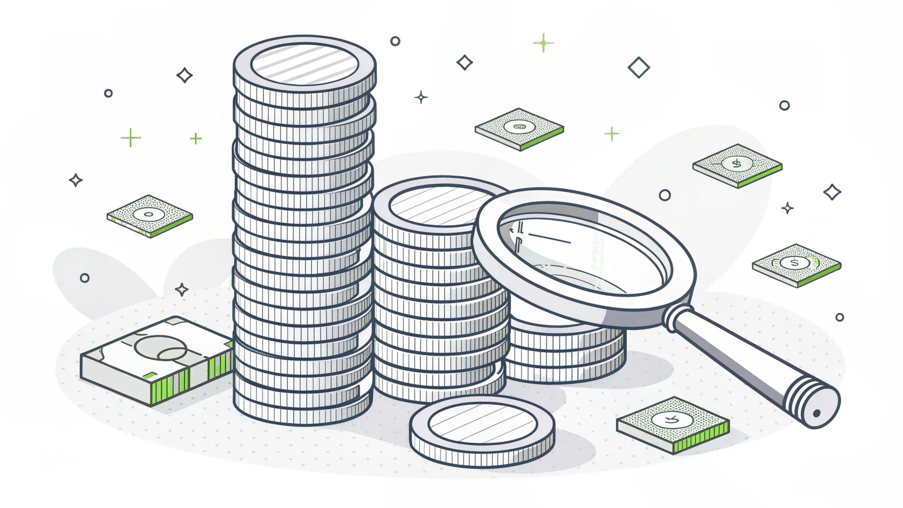 Isometric illustration of a tall coin stack beside a shorter one under a magnifying glass