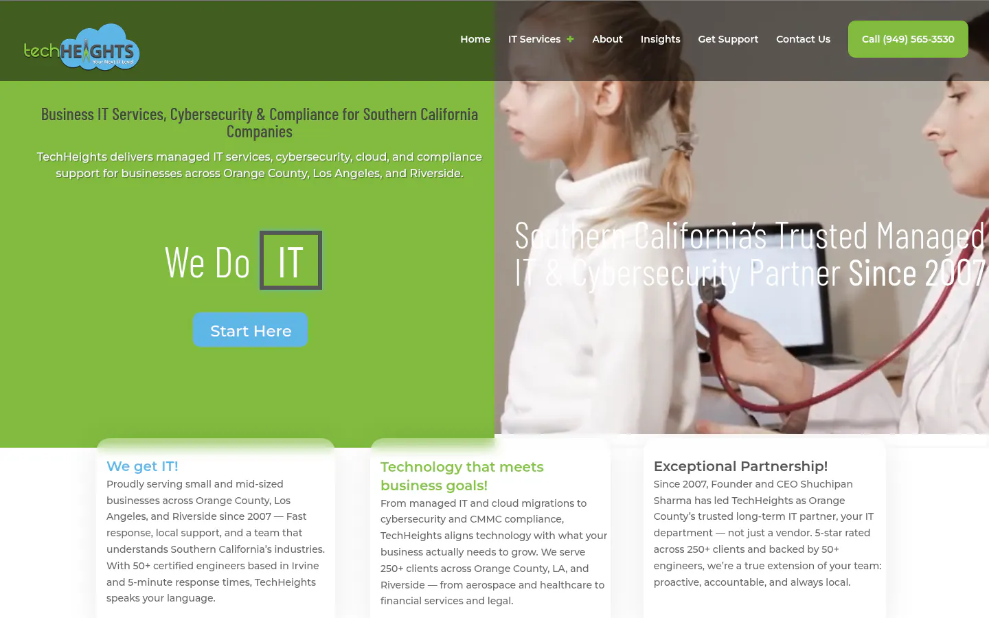 TechHeights homepage showing Orange County managed IT and CMMC compliance services