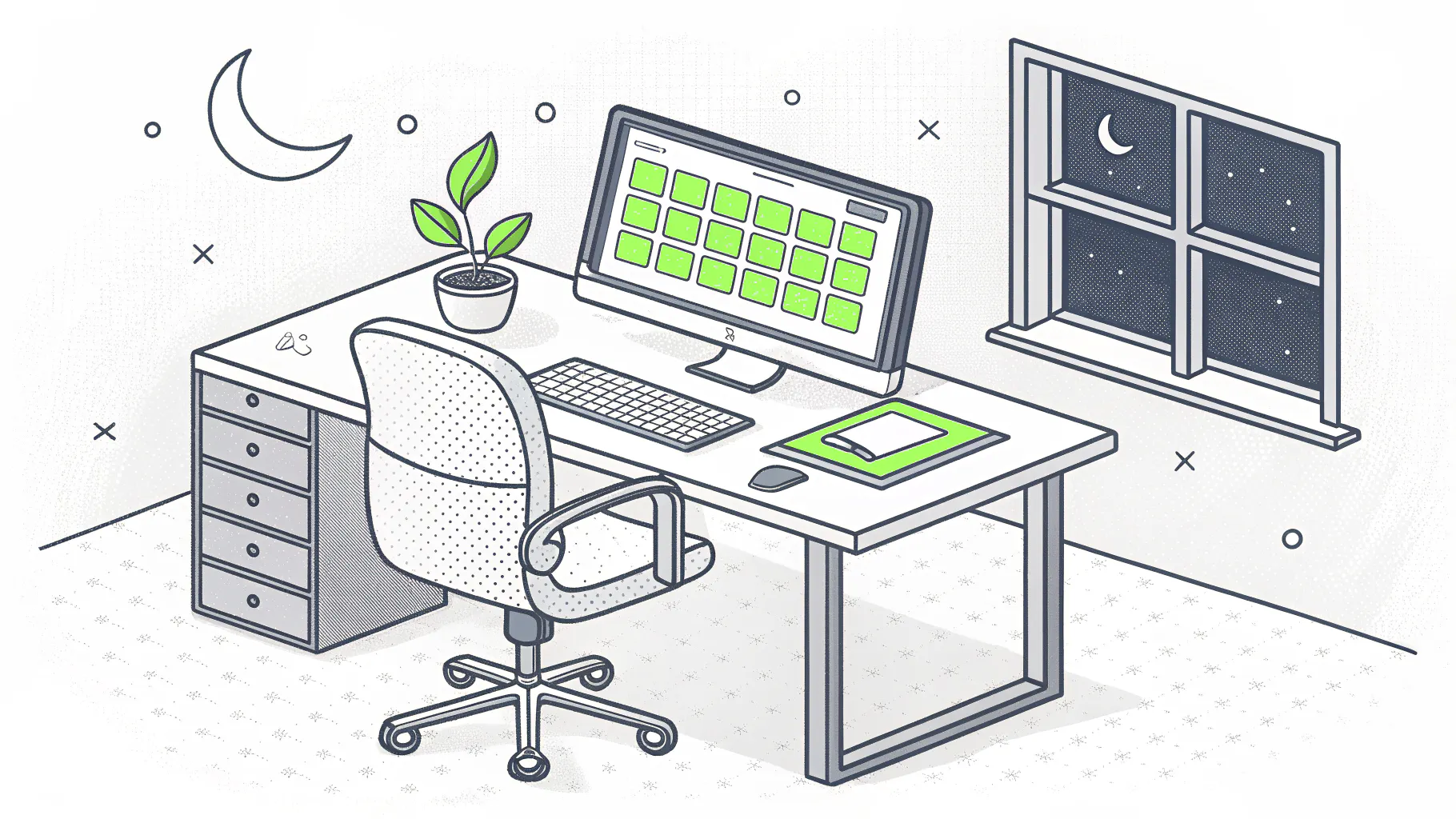 Illustration of a monitor showing a green security heat map beside an empty desk chair at night