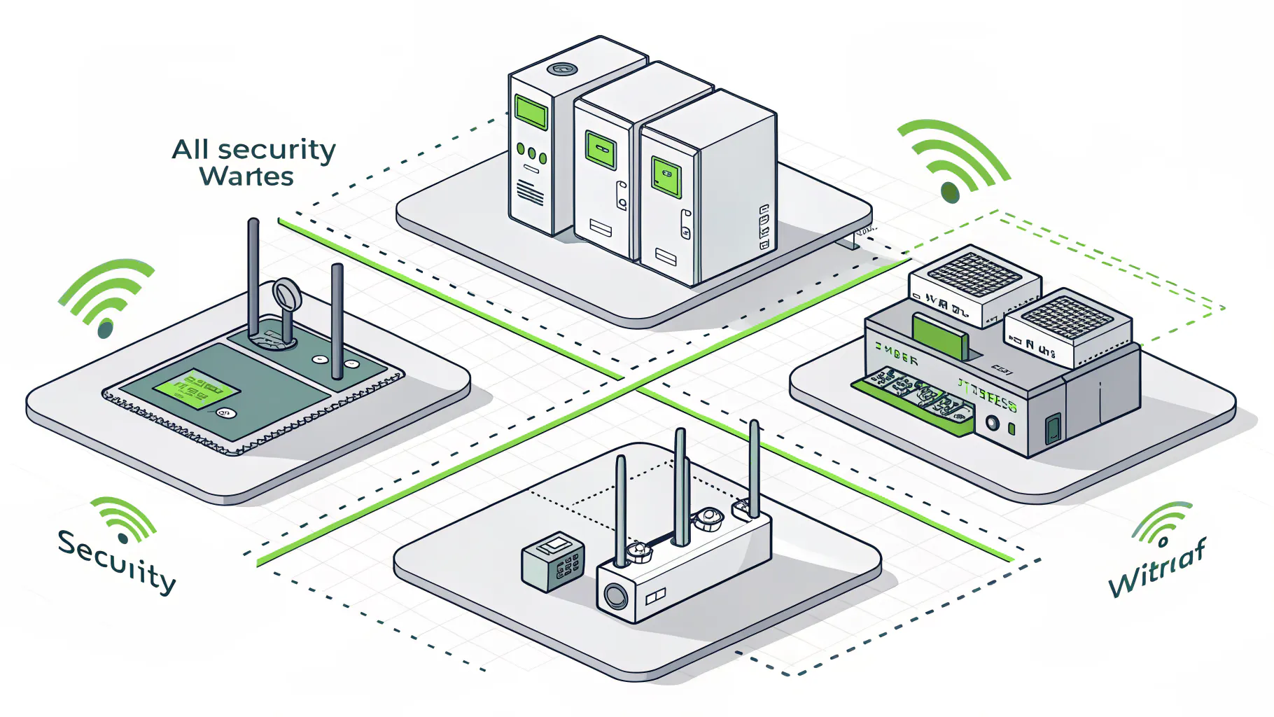 Four network segments: guest wifi, IoT devices, a sensitive data vault, and factory operational technology