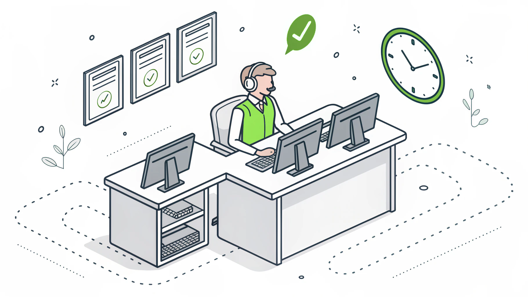 Illustration of an IT support technician at a help desk with a ticket queue and around-the-clock coverage