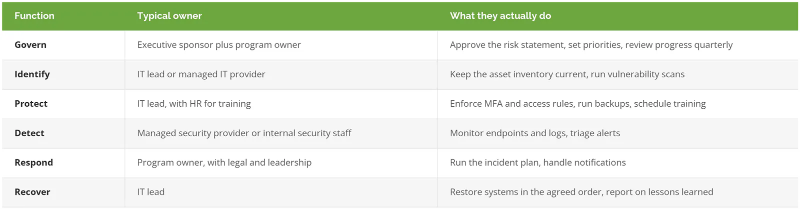 Who owns each NIST CSF function in a business without a CISO, from the executive sponsor for Govern to the IT lead for Recover, and what they actually do