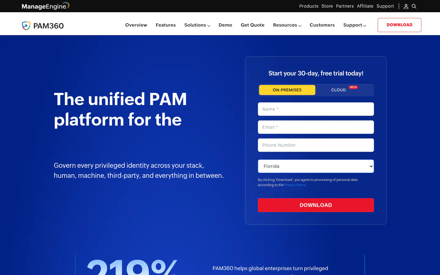 ManageEngine PAM360 product page with free trial form