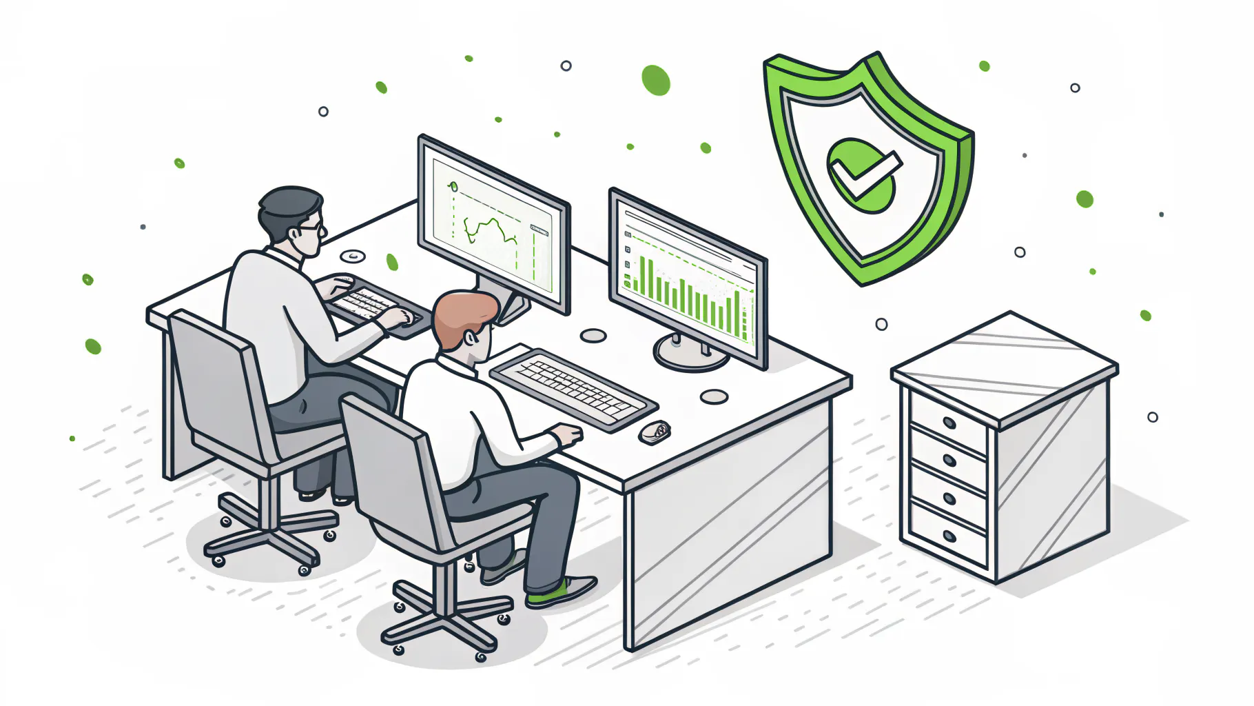 SOC versus NOC, one analyst watching a security shield and one watching a network gauge