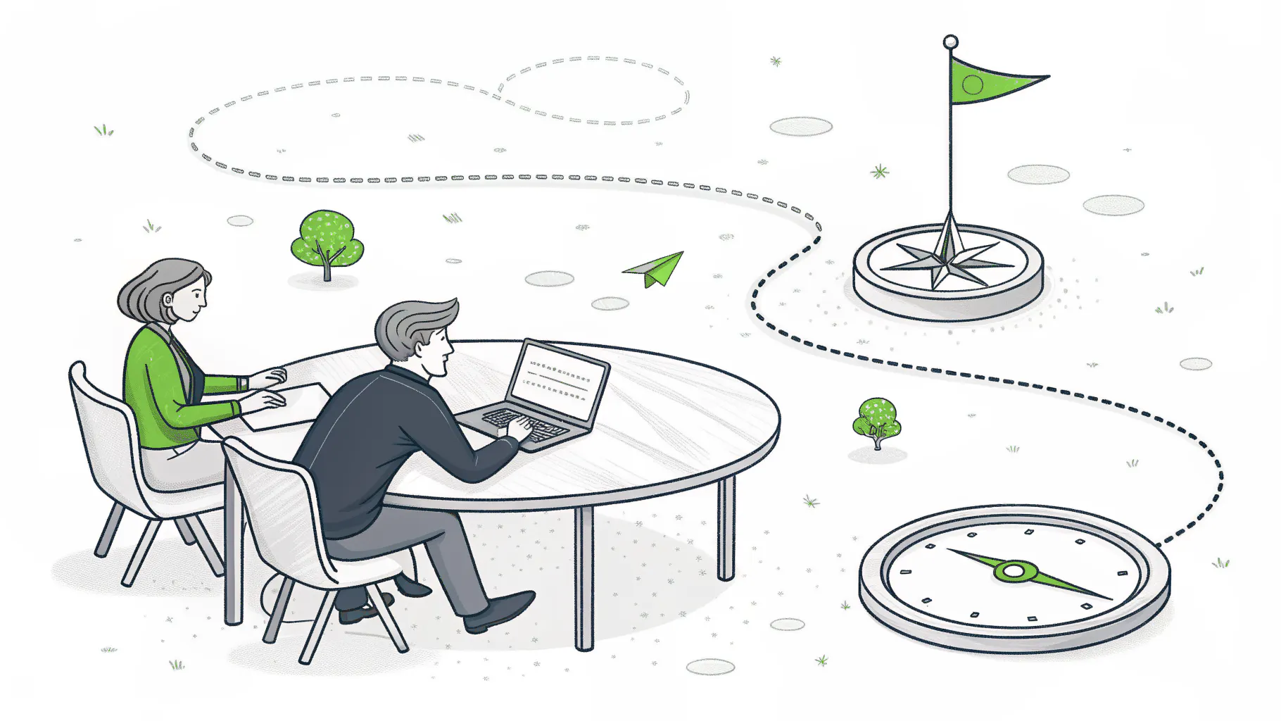 Two advisors at a meeting table with a winding path of milestone markers rising to a flag, representing a multi-year IT roadmap owned by a vCIO