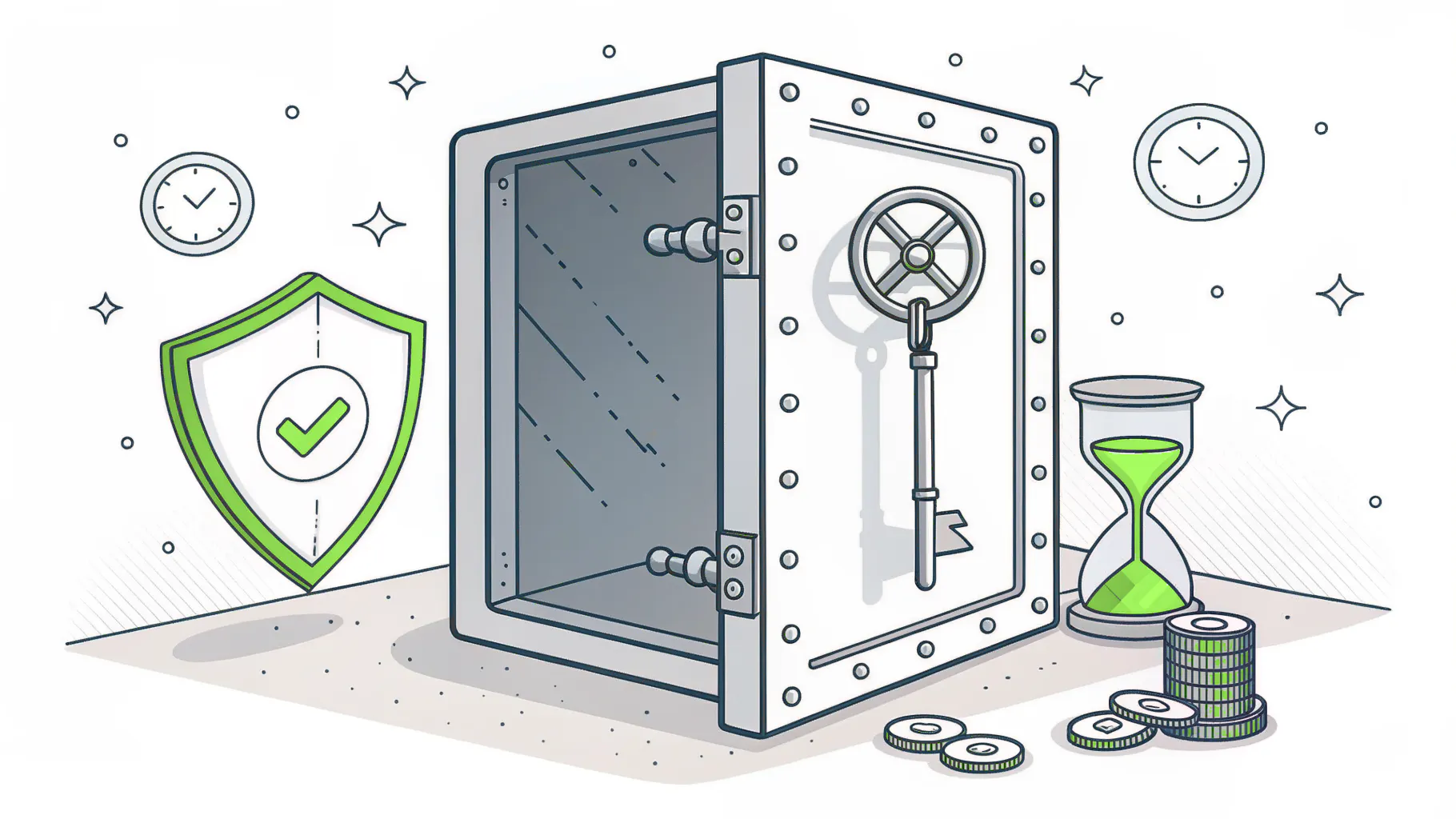 Illustration of an open vault with a single key, an hourglass, and a security shield representing time-limited privileged access