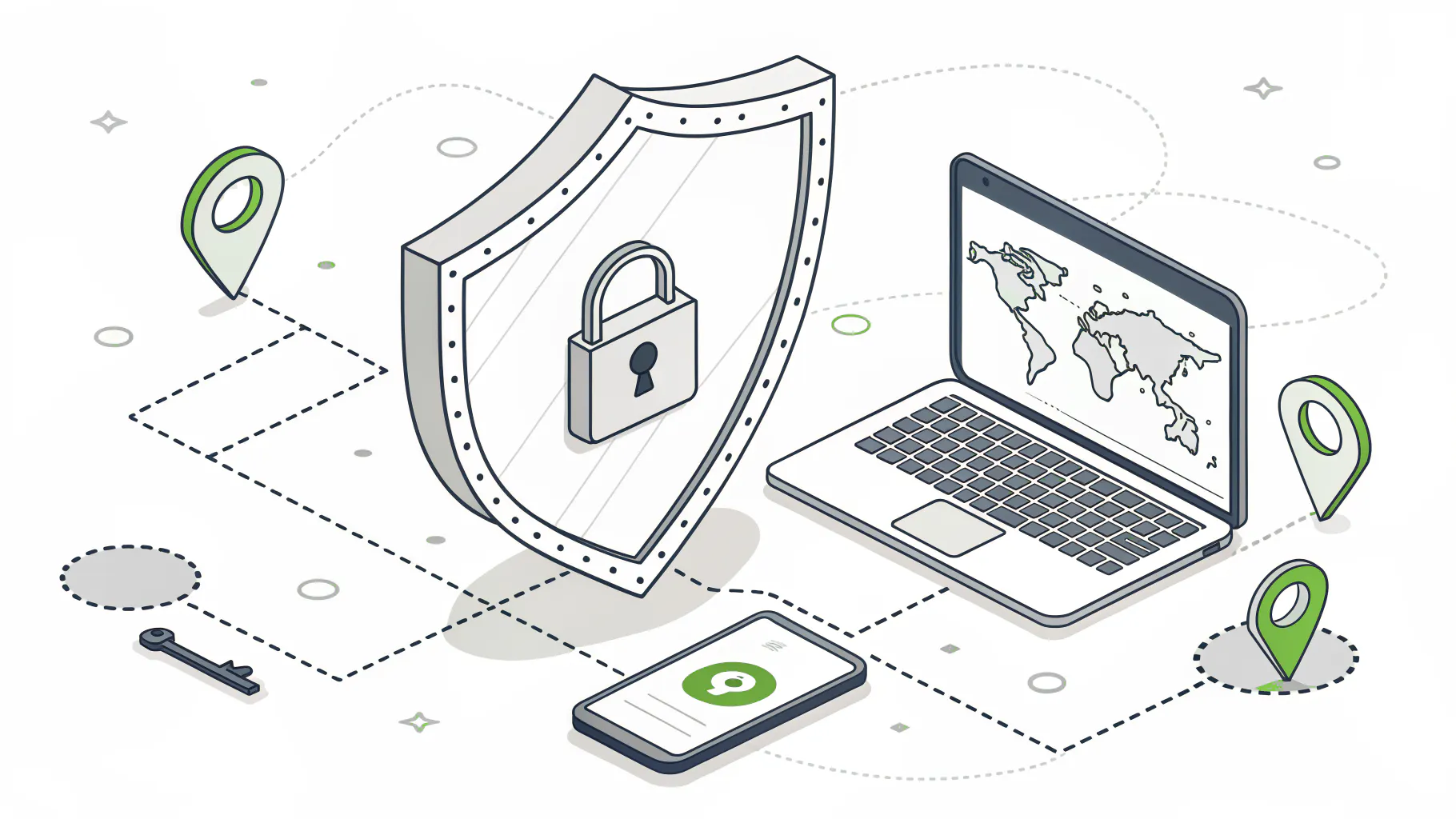 A shield with a padlock at the center, connected to a laptop, a smartphone, and map location pins
