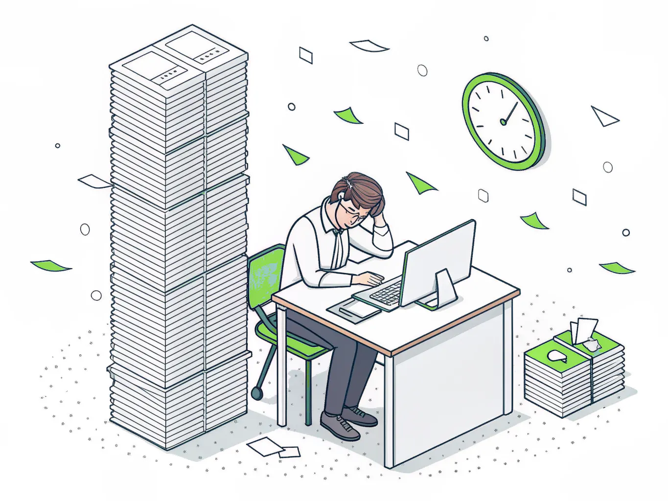Line illustration of a single IT worker at a desk beside a tall stack of paperwork, a circuit board and a clock