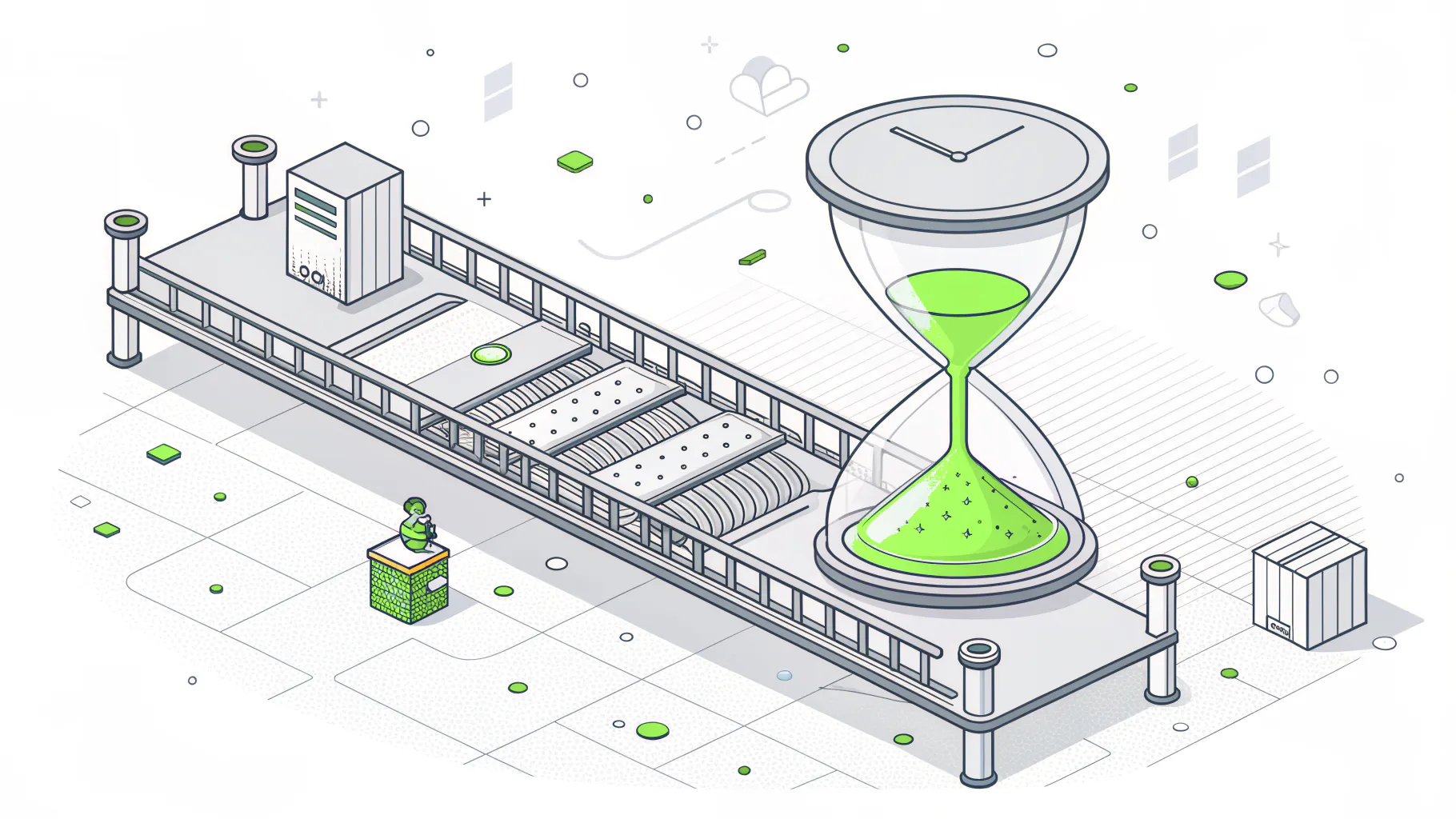 Hourglass beside a halted conveyor belt on an empty factory floor, representing the weeks-long ransomware recovery timeline