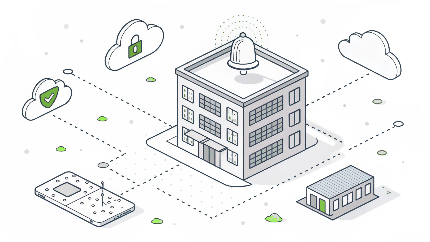 A financial firm's office connected to its cloud vendors, with an alert bell sounding