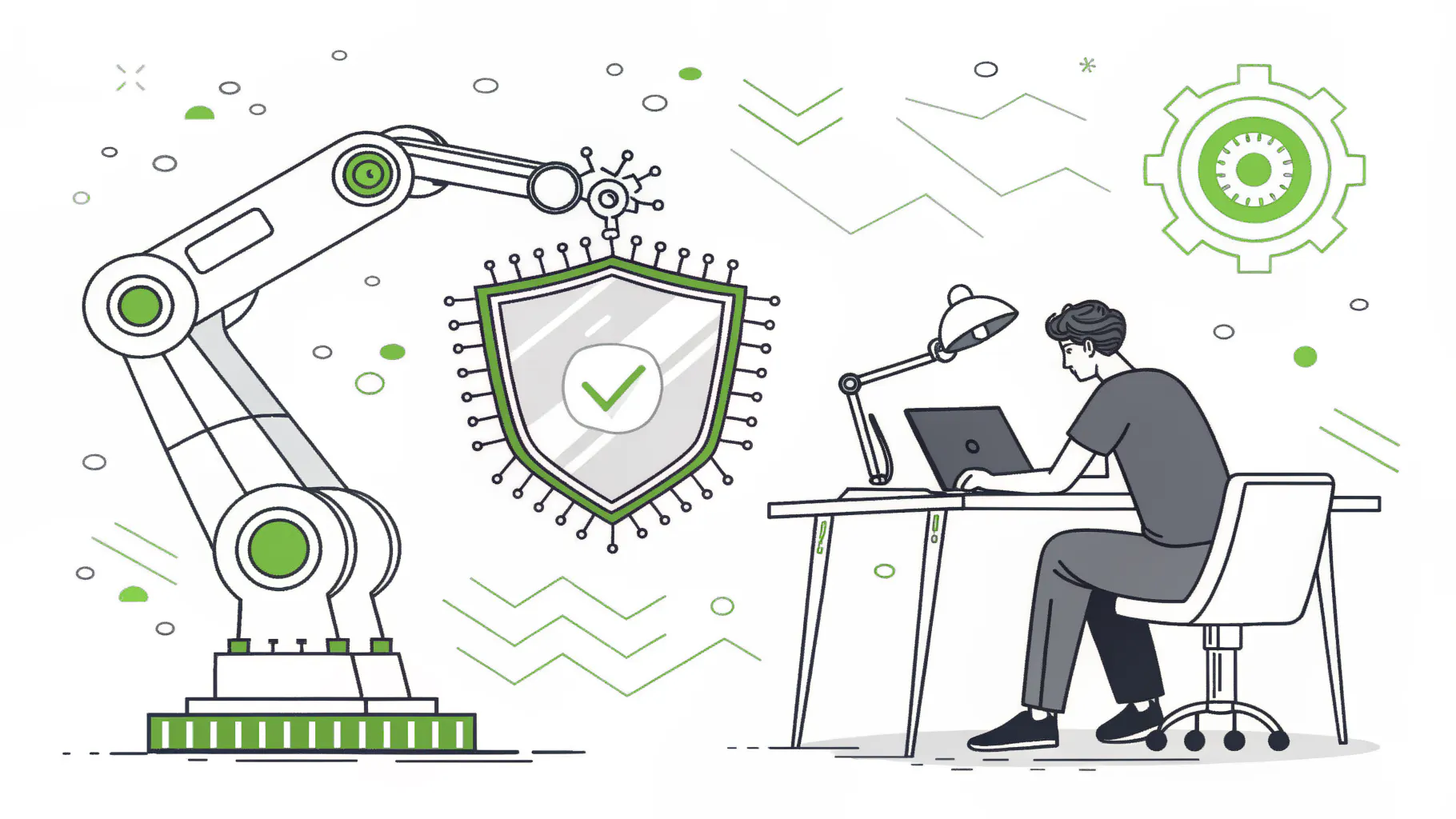A robotic arm building an AI chip on one side and a person using AI at a desk on the other, representing AI providers and deployers