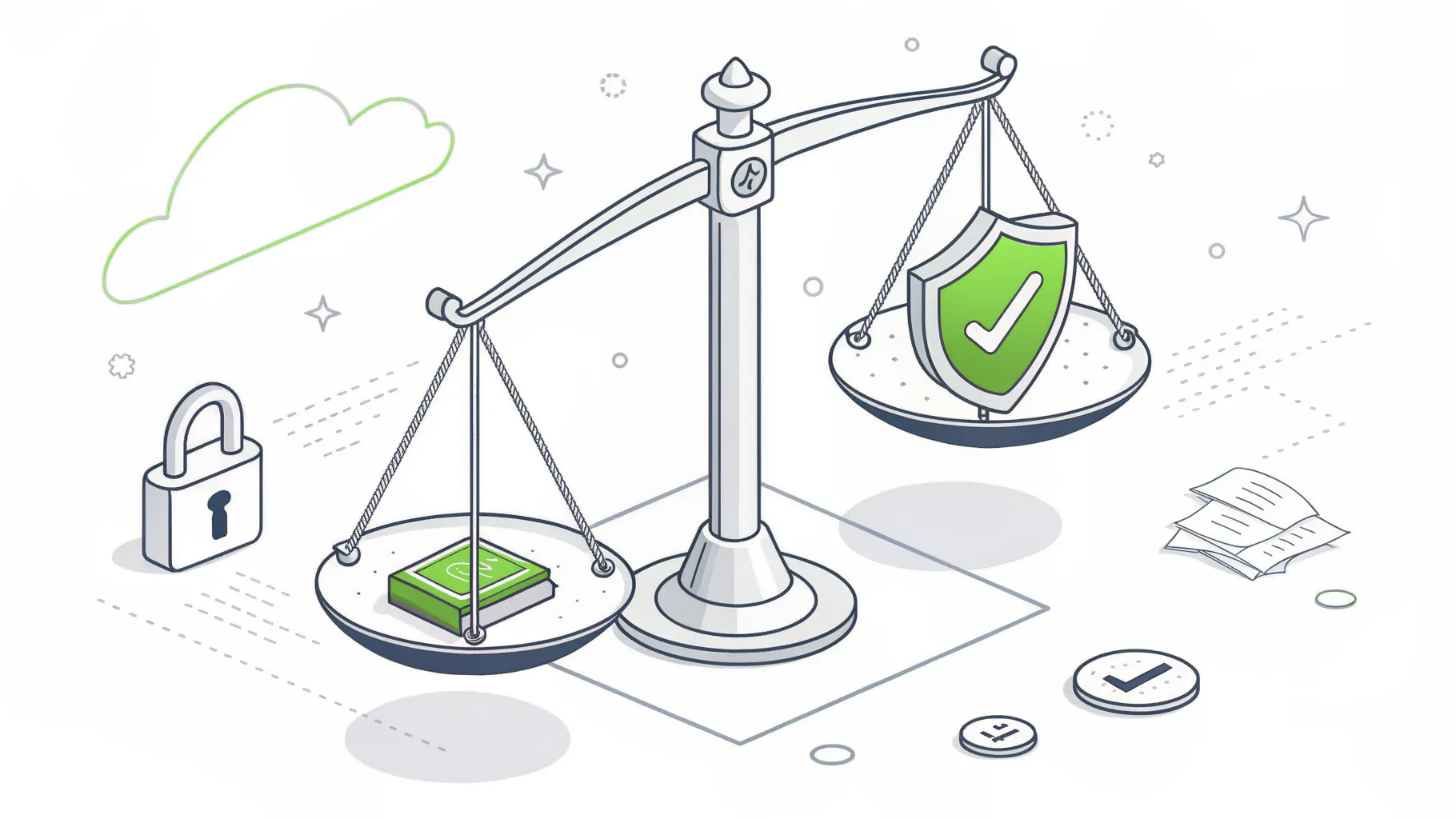 A balance scale with a green shield on one side, representing the tradeoff between a free and a paid IT assessment