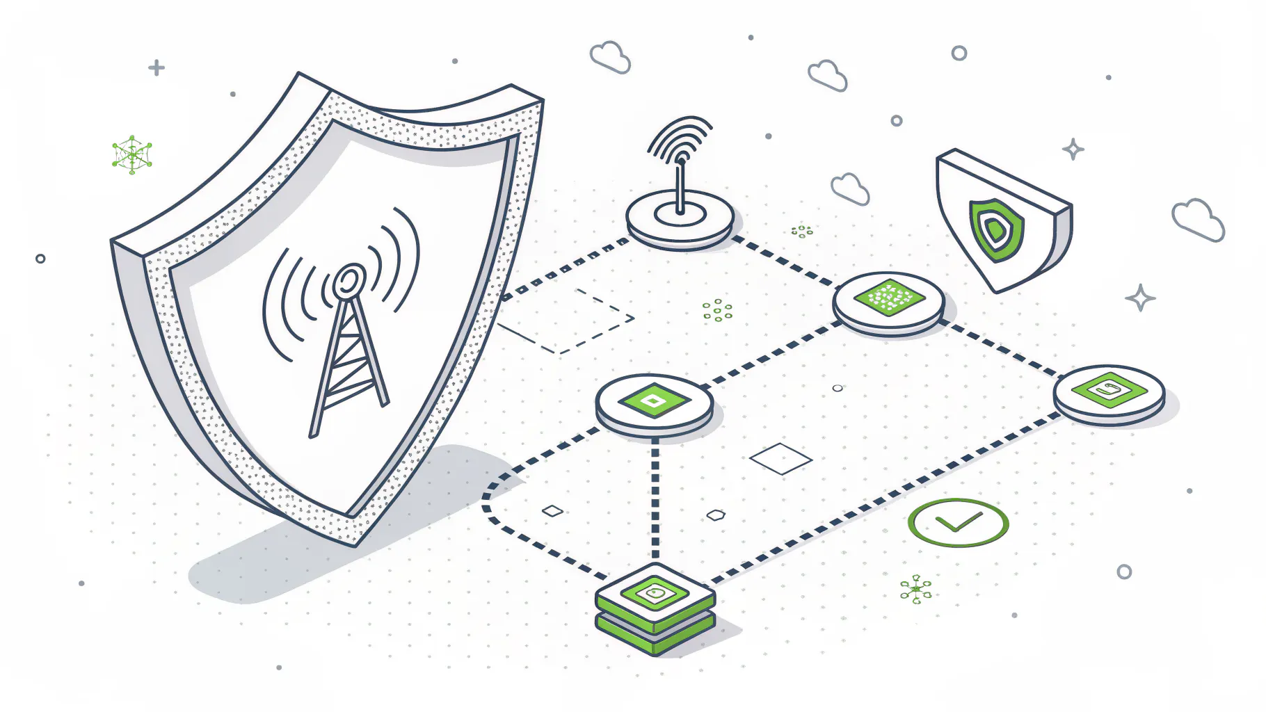 A shield with a radio tower watching a network of connected nodes, representing security monitoring that tracks both known indicators and attacker behavior