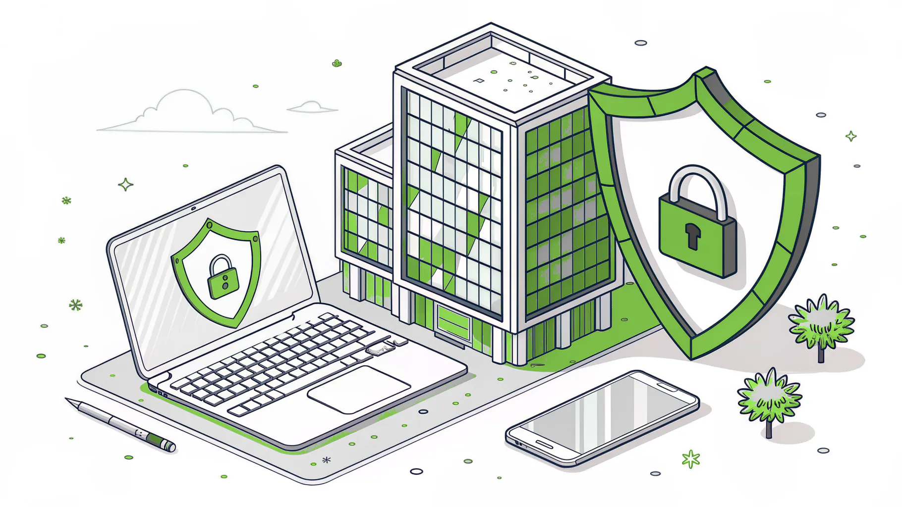 An office building and a laptop protected under one shield with a padlock, a smartphone in the foreground, representing security-first IT for Orange County professional services firms