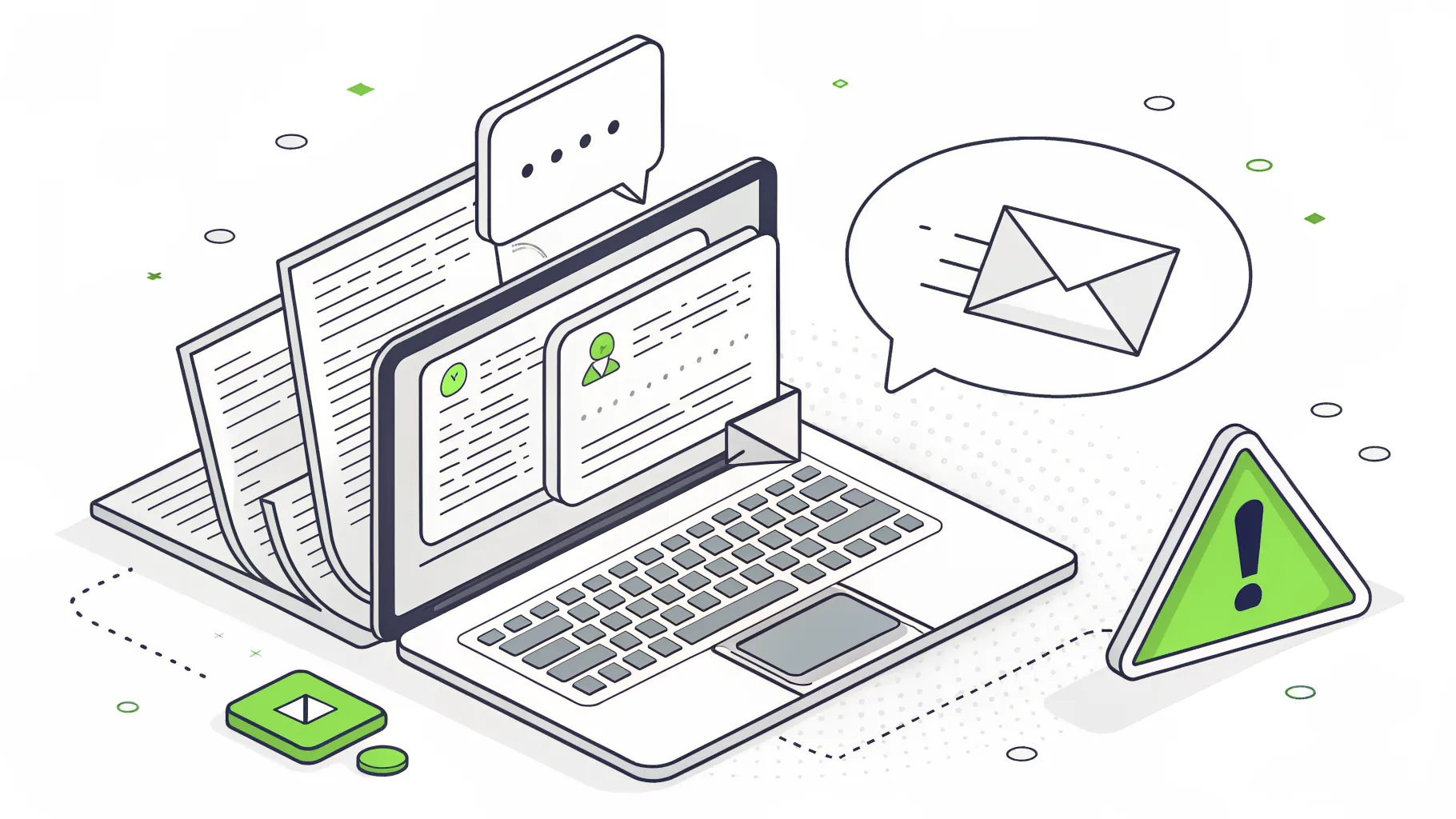 A laptop with company documents flowing into an AI chat window, with a warning symbol alongside