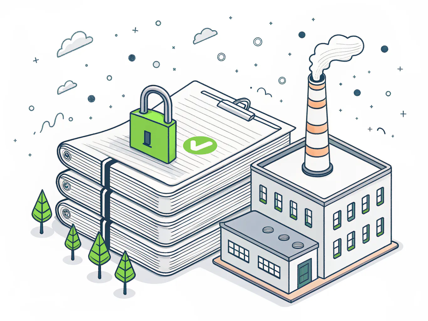 Line illustration of a stack of bound compliance document folders with a padlock resting on top beside a factory building