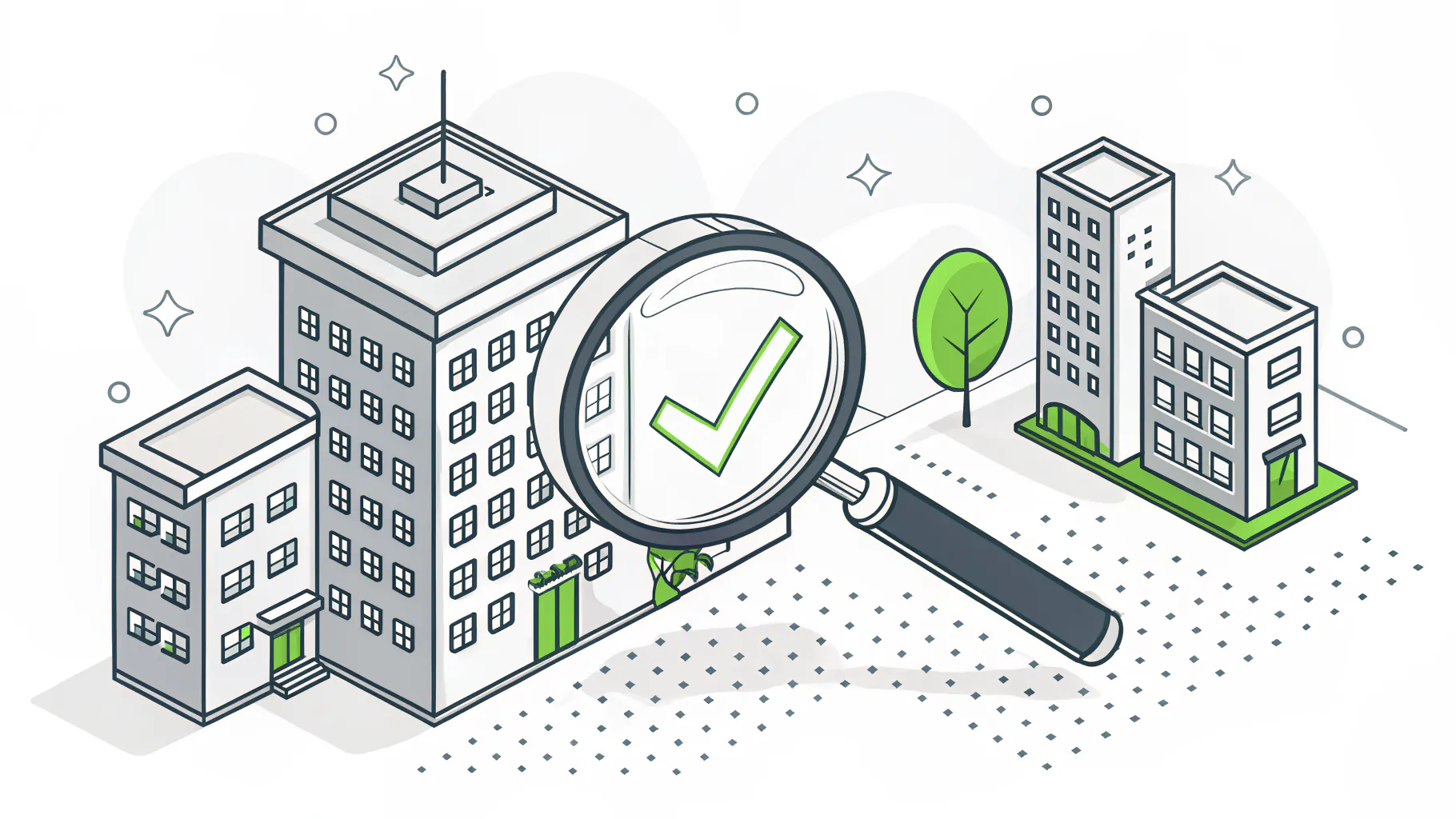 Isometric illustration of a magnifying glass inspecting a row of three business building cards, one marked with a checkmark