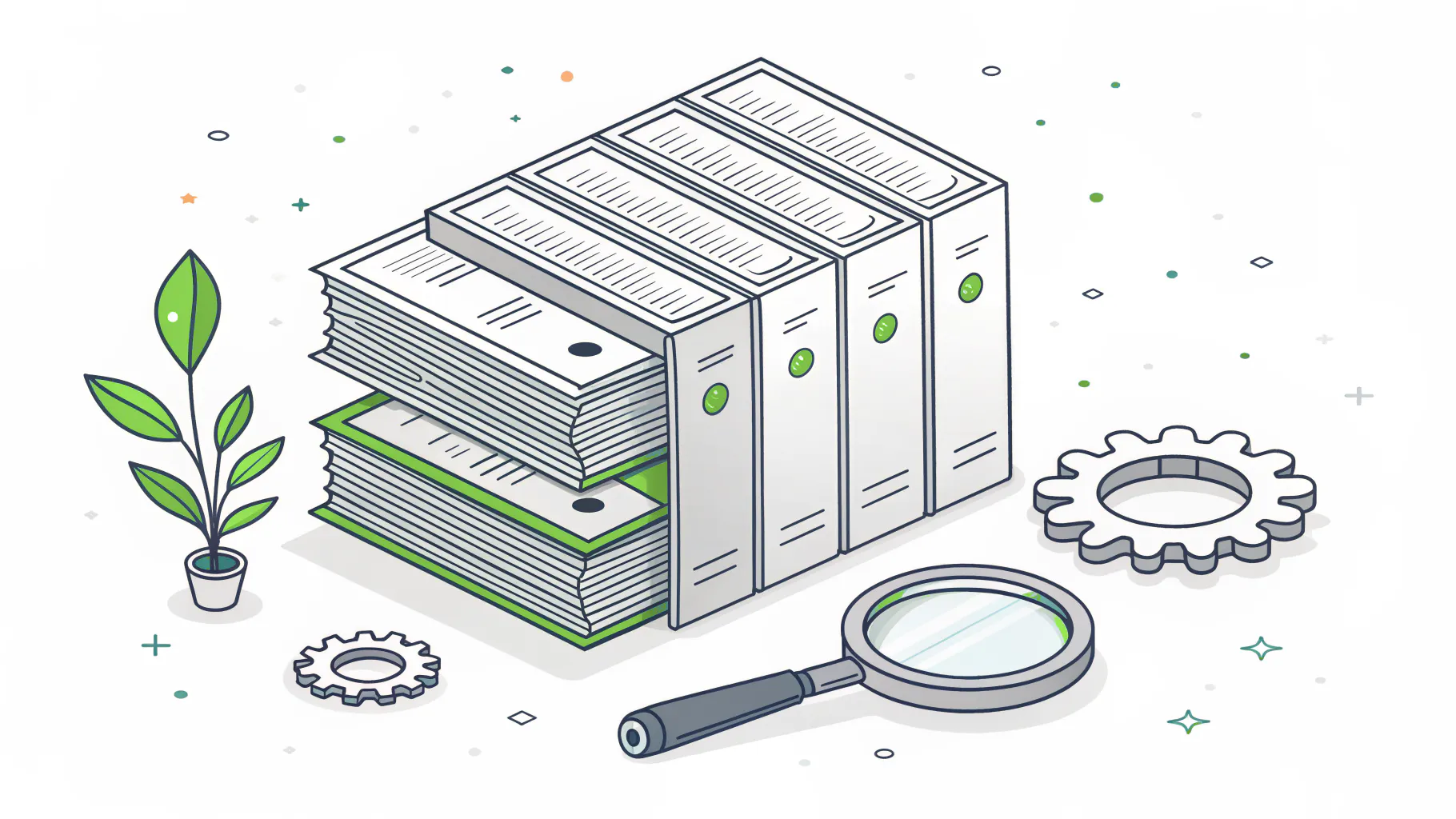 Isometric illustration of a stack of bound standards documents beside a magnifying glass and gears, representing the IEC 62443 parts that apply to electronics manufacturers