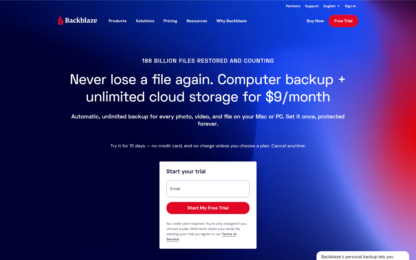 Backblaze Business Backup homepage screenshot, captured August 12, 2026