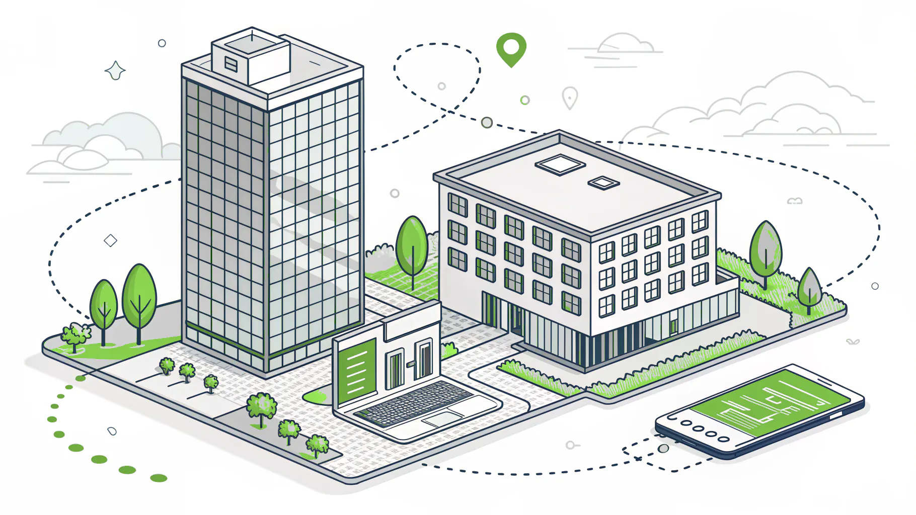 A glass office tower and a low office building linked by one network line, with a laptop and phone in the foreground, representing managed IT for Orange County businesses