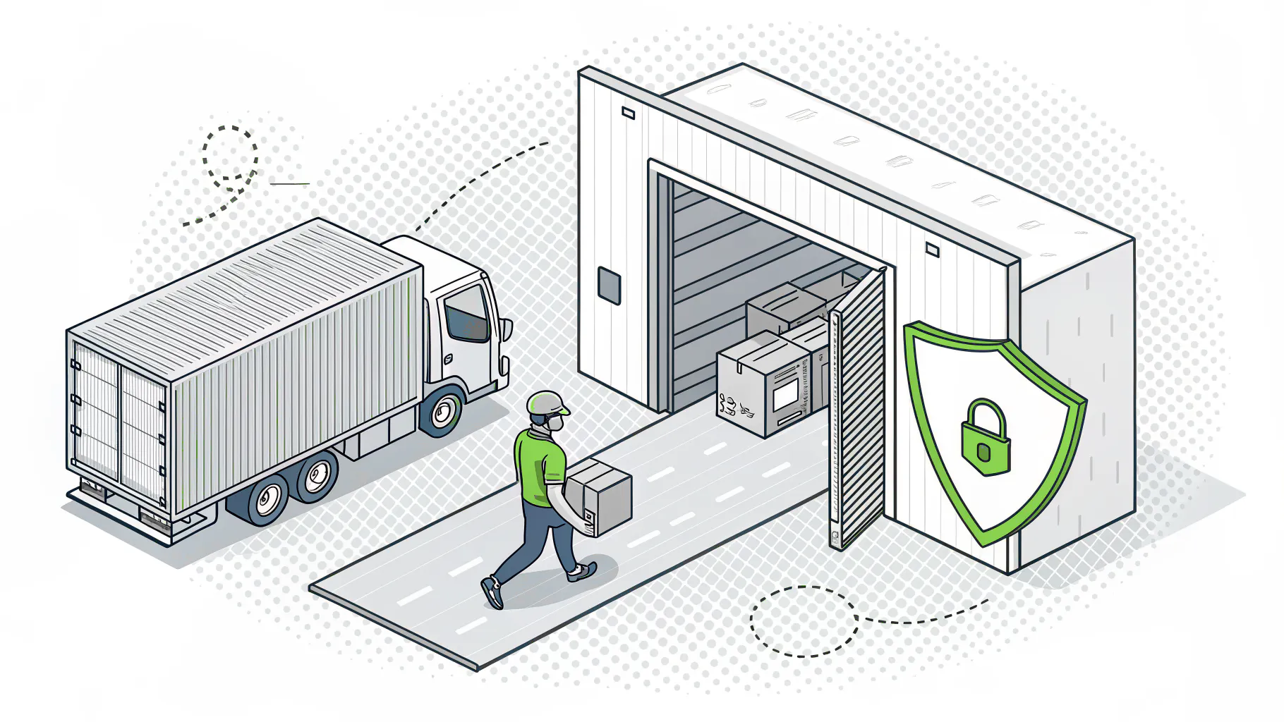 A worker walking from a box truck through an open factory loading dock door guarded by a green shield with a padlock, representing visitor and physical access controls