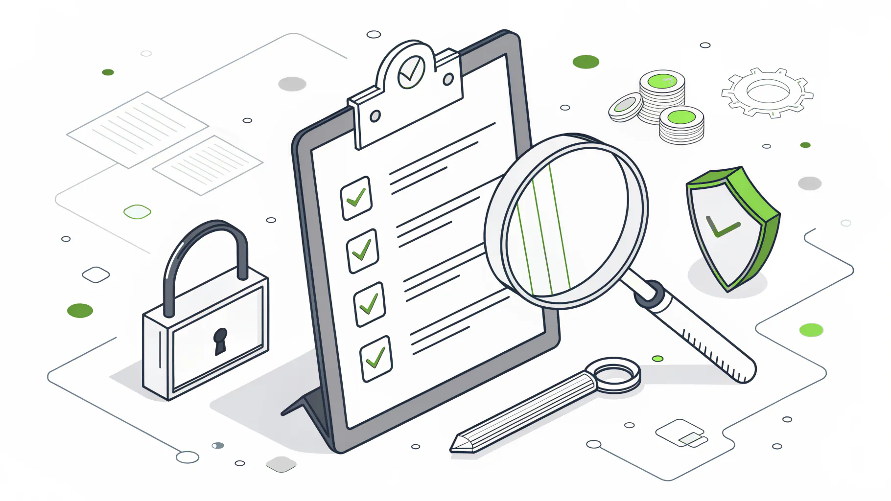 A checklist with a magnifying glass, padlock, and shield, representing how to vet a managed service provider
