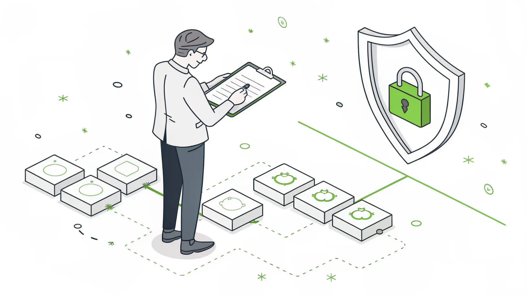 A security executive with a clipboard lining scattered blocks up into one ordered path beside a shield and padlock, representing compliance work done in the right order