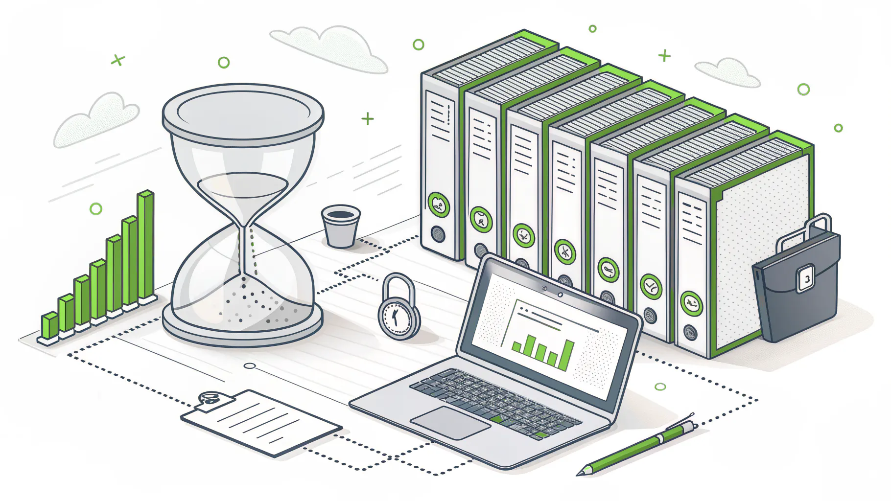 Hourglass beside a row of contract folders, a padlock, and a laptop showing a budget chart