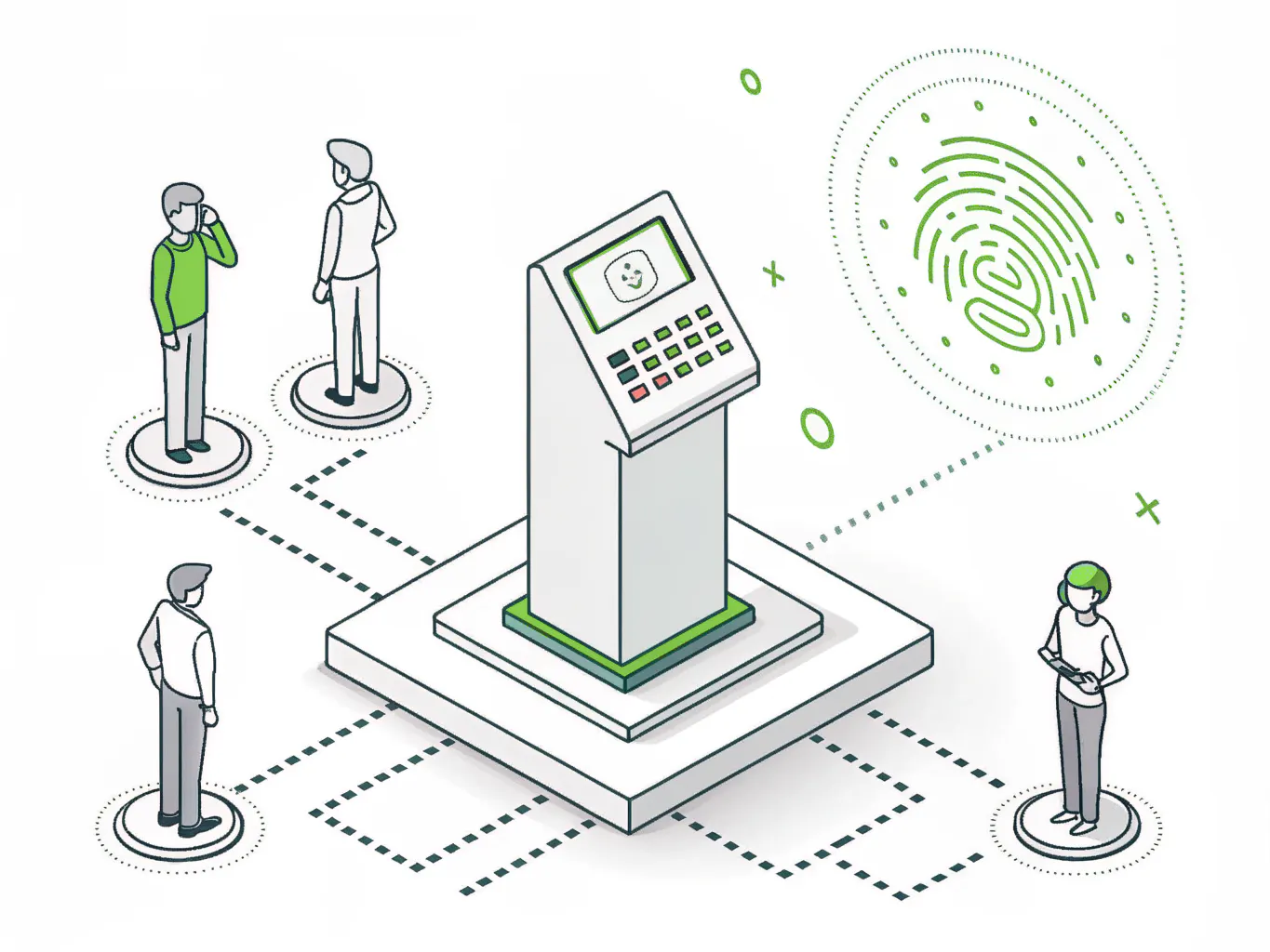Line illustration of one industrial control terminal shared by several worker figures with a fingerprint symbol above it
