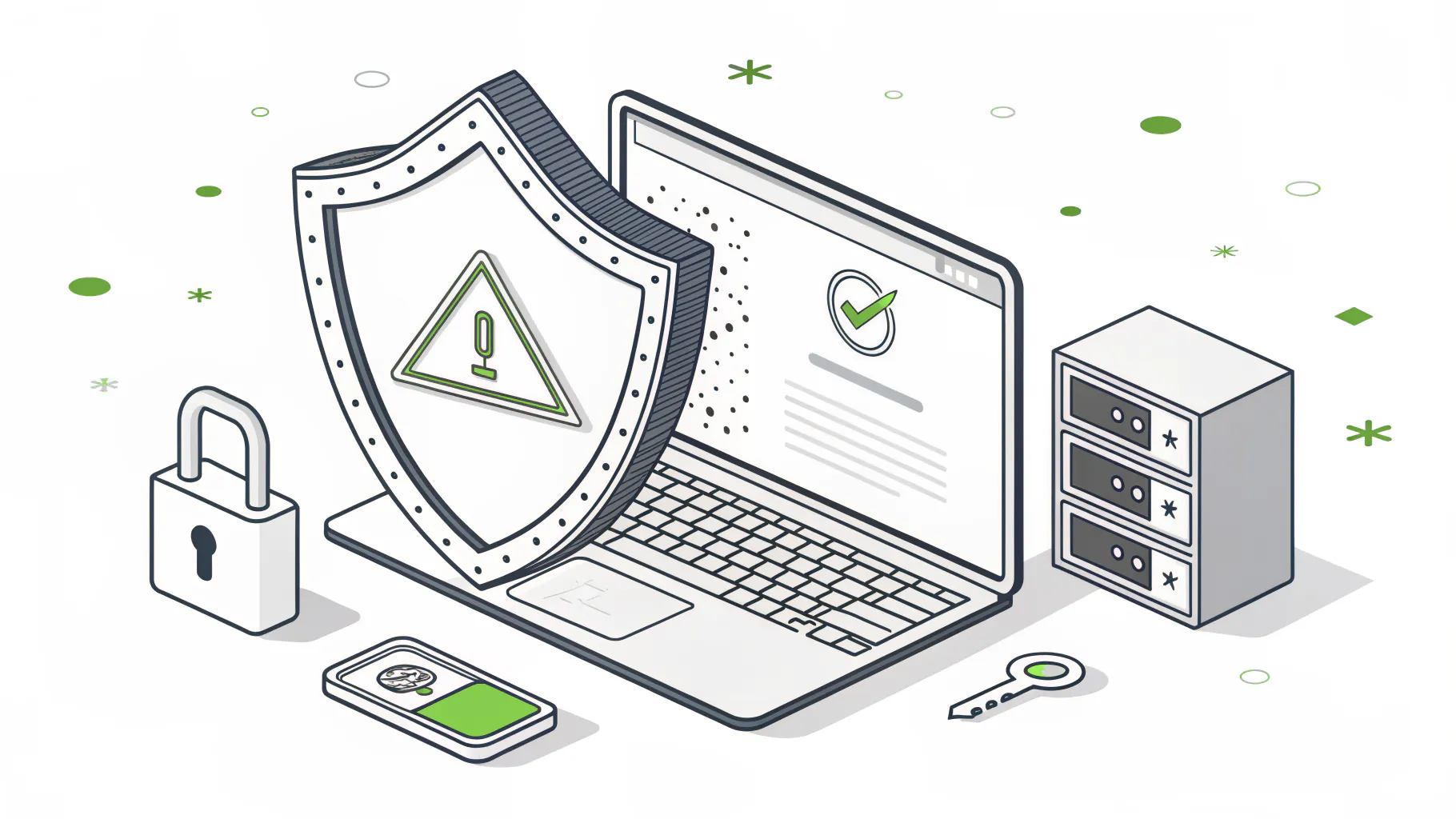 A shield with a warning symbol in front of a laptop, with a padlock and server nearby, representing a security SLA