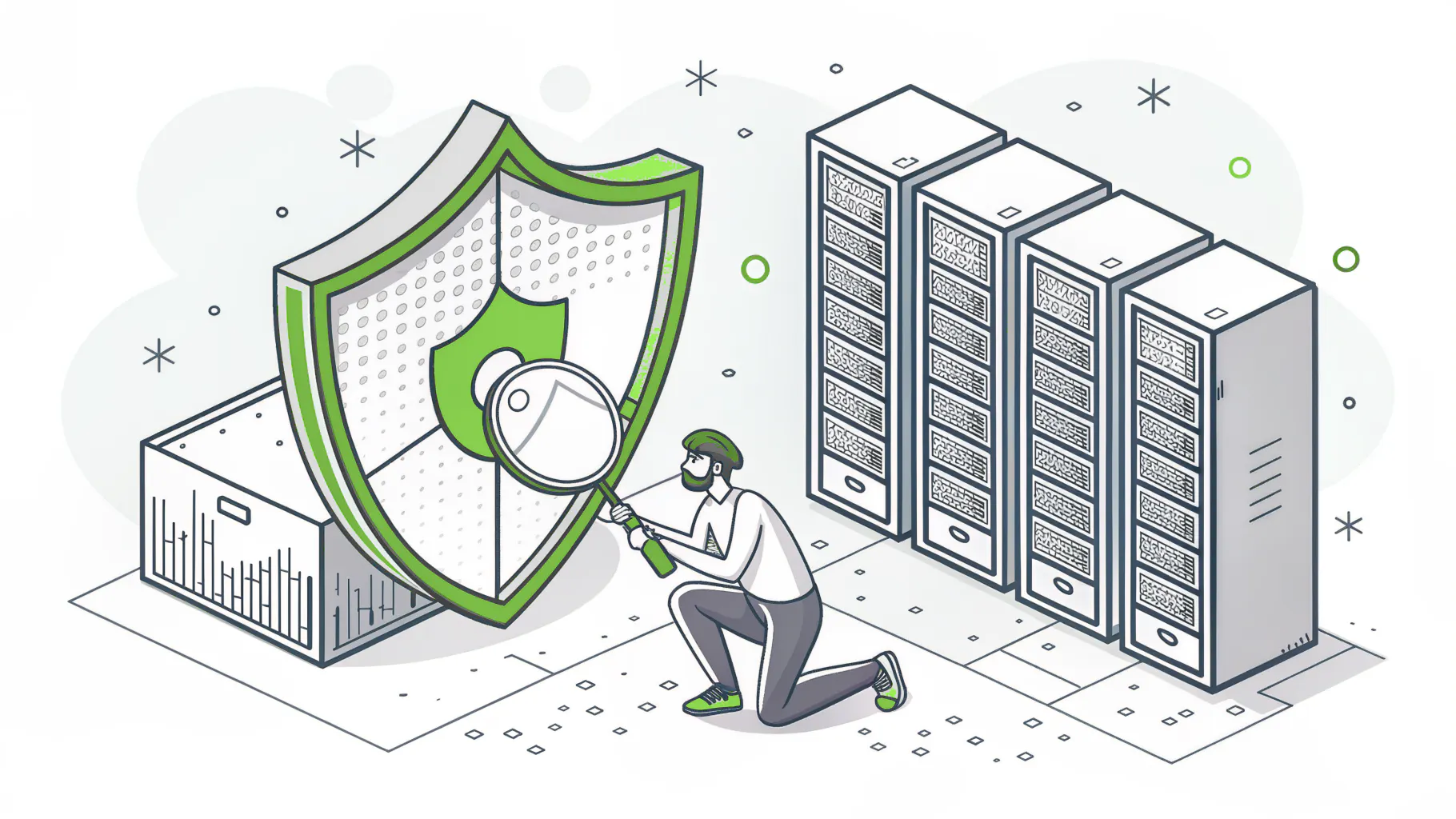 An analyst with a magnifying glass inspecting a security shield beside a row of server racks