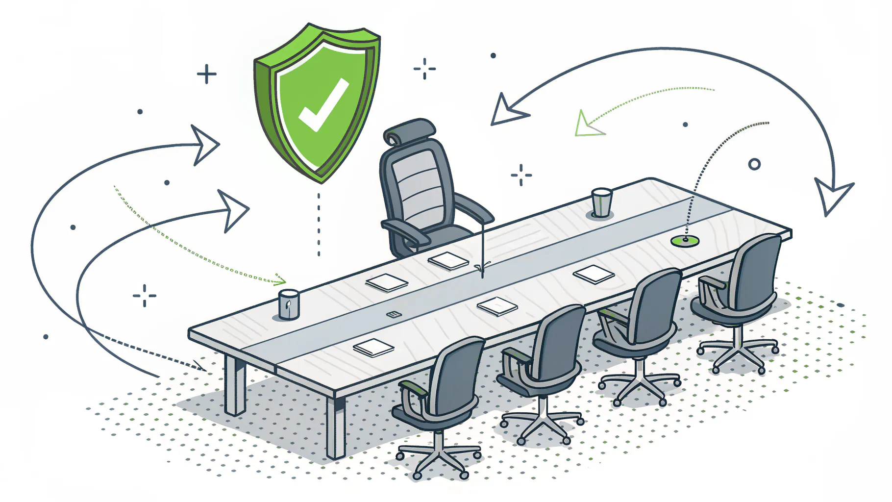 An empty executive chair at the head of a meeting table under a green security shield, with arrows pointing at the empty seat