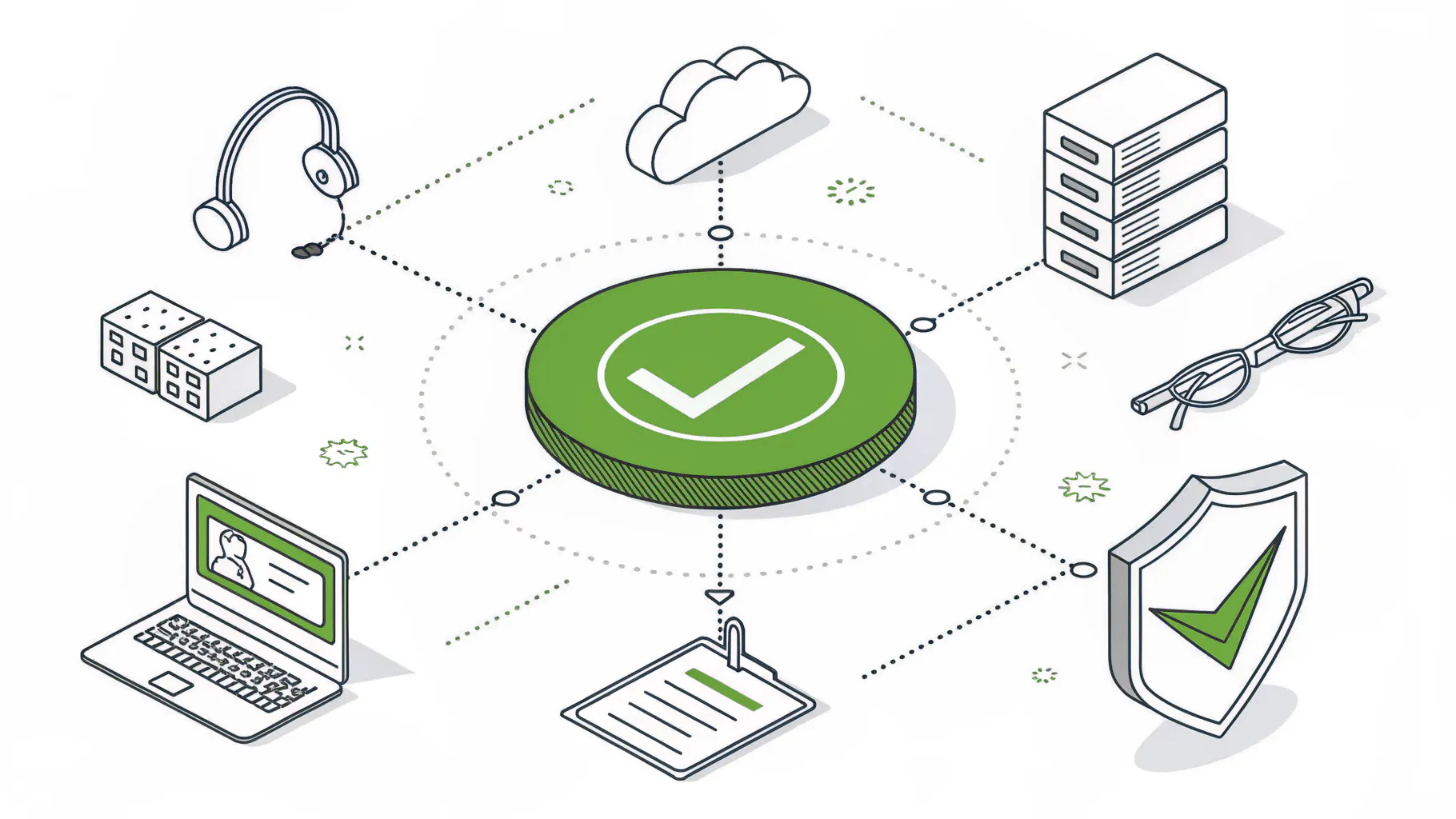 A green check badge connected to a headset, cloud, server, shield, laptop, and calendar, representing the daily work of a managed service provider