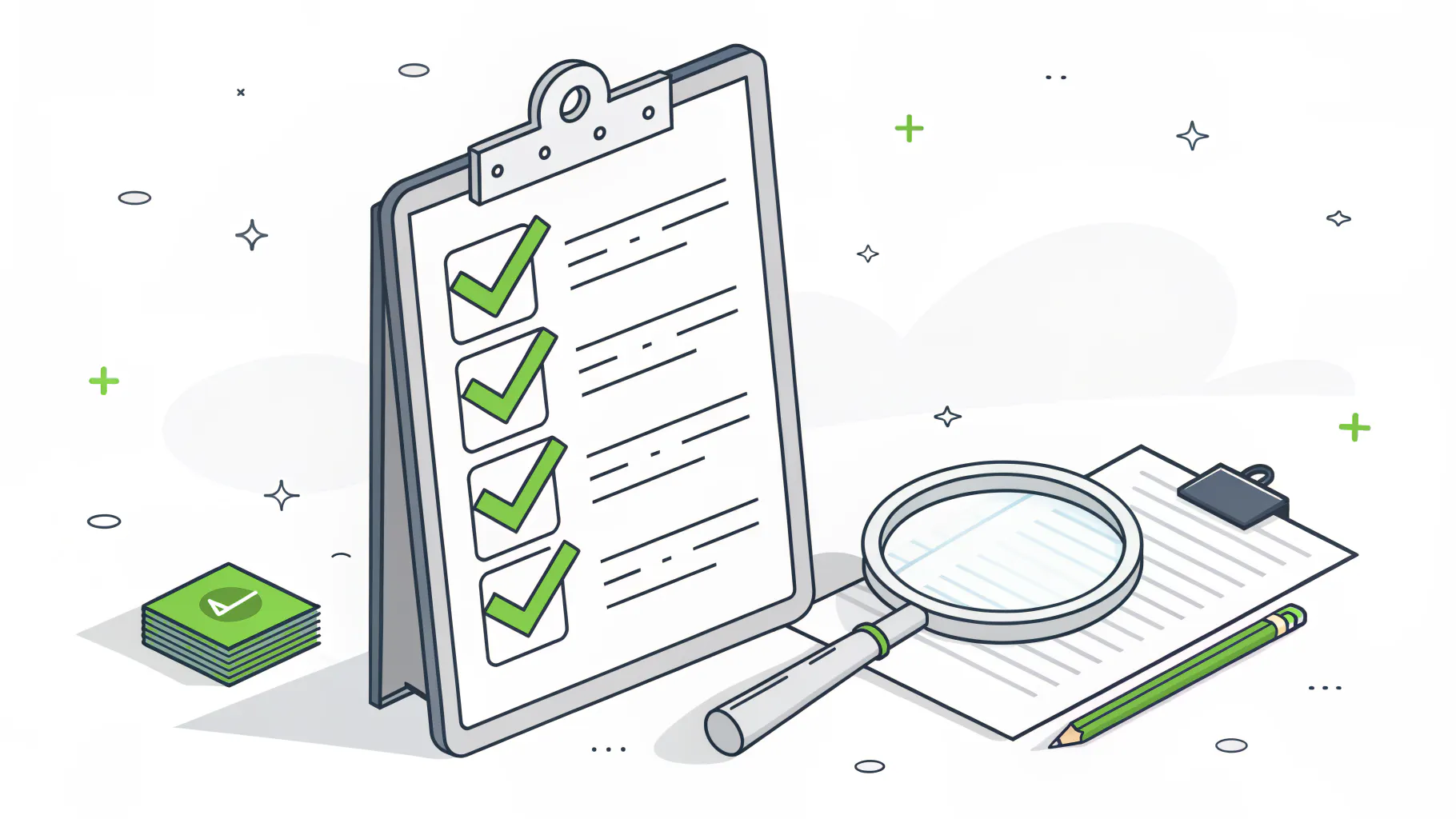 A checklist and magnifying glass, representing the questions to put to a managed IT provider before signing