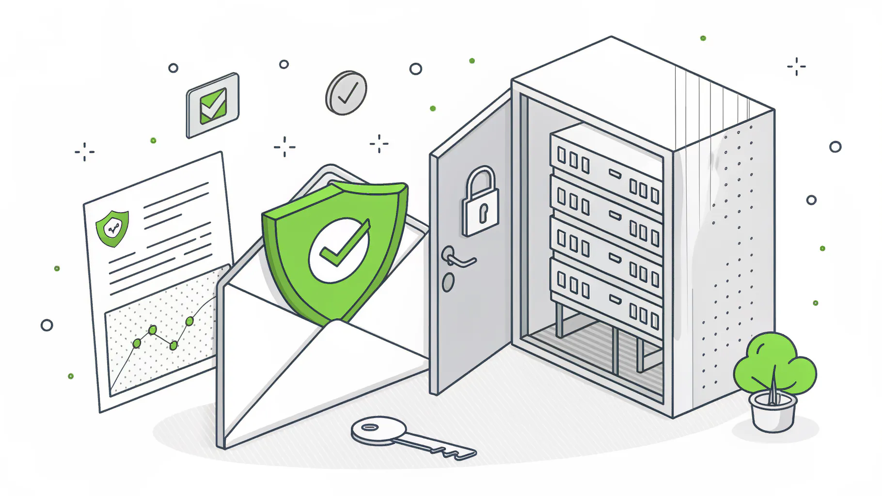 Email envelope with a green shield and check mark beside an open server cabinet, with a key in front