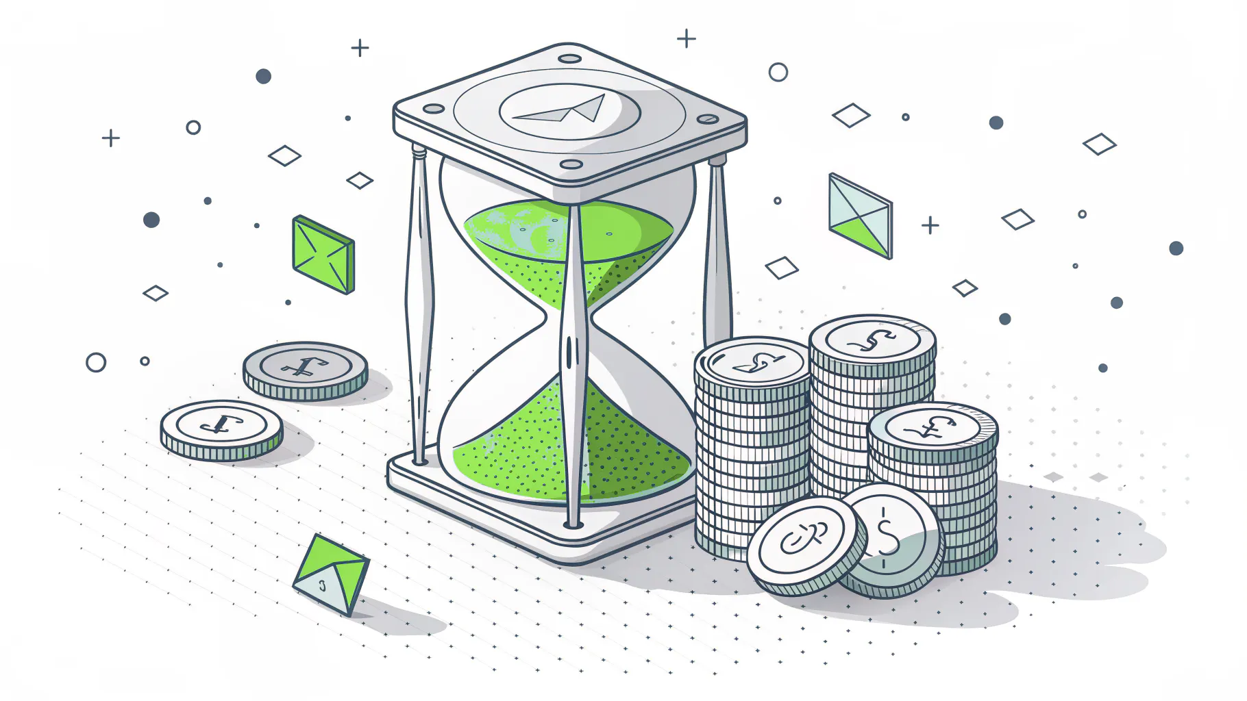 Isometric illustration of an hourglass beside stacks of coins, representing ISO 27001 certification timelines and costs