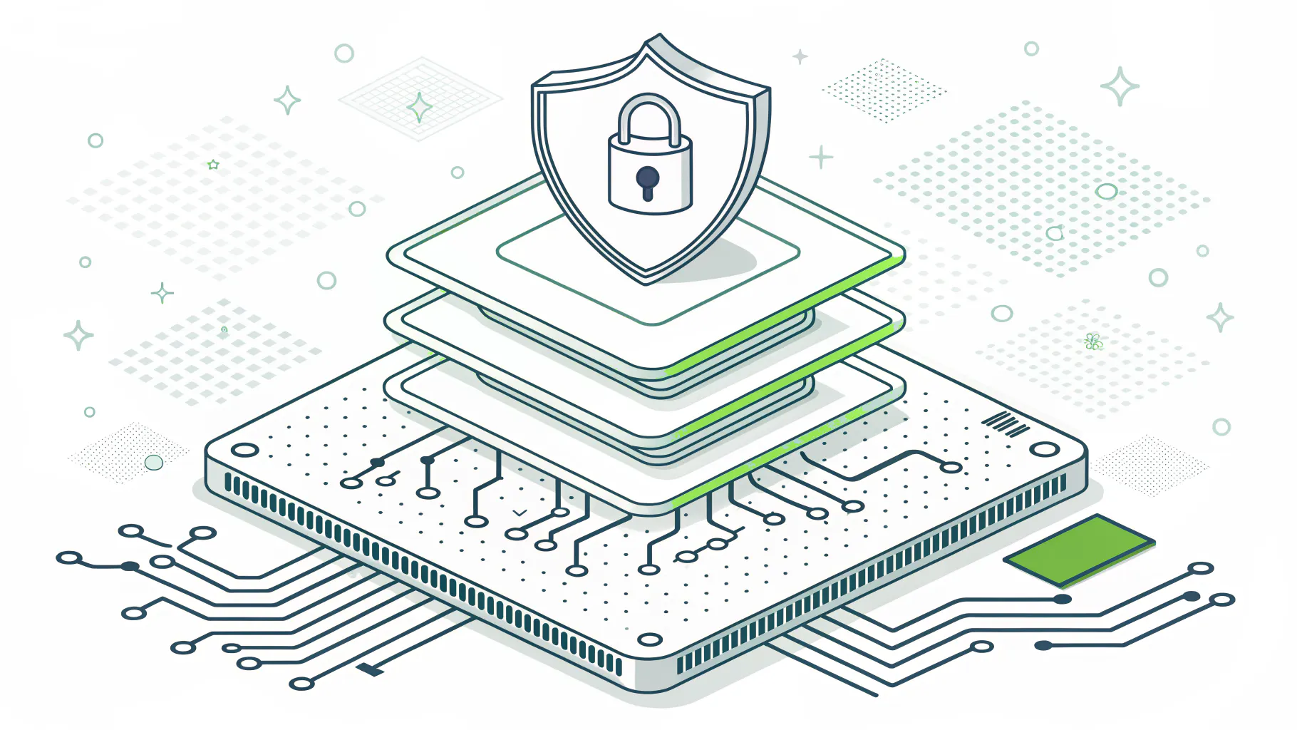 Line illustration of layered shield plates rising above a circuit board with a padlock on the top plate