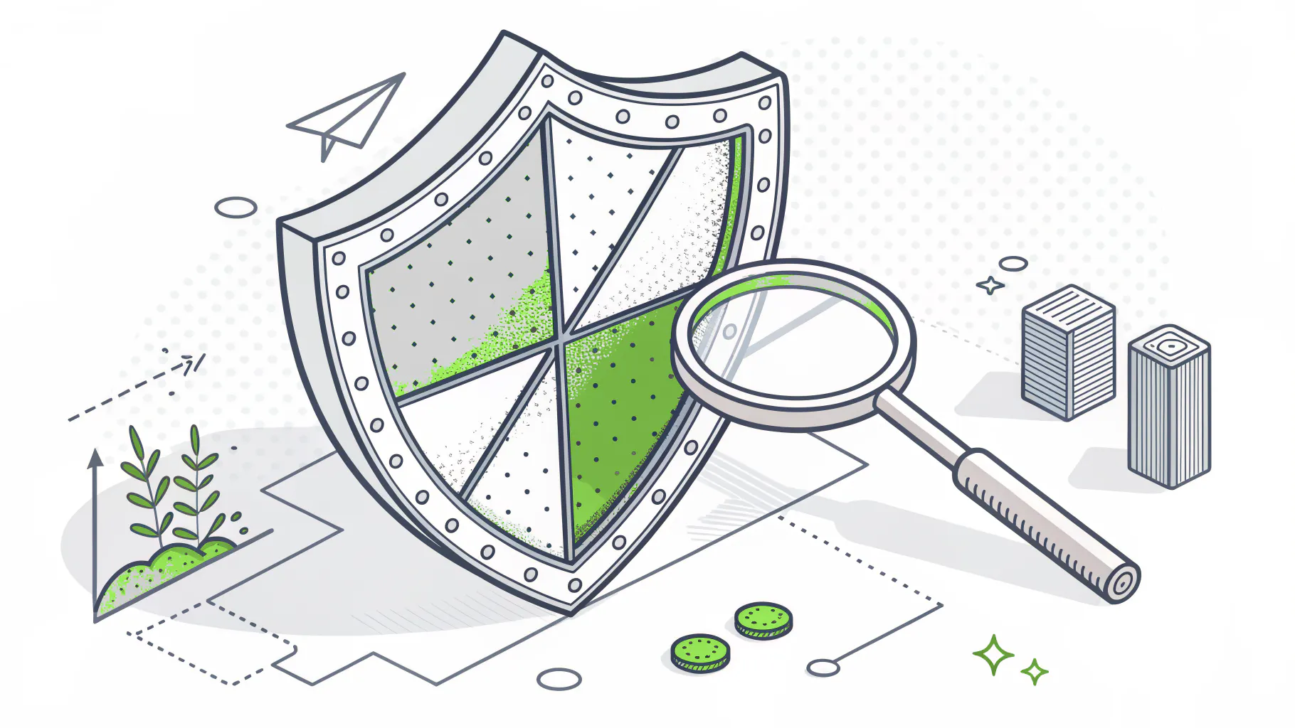 A shield split into segments, some filled and some outlined, under a magnifying glass, representing gaps between a Current and Target Profile