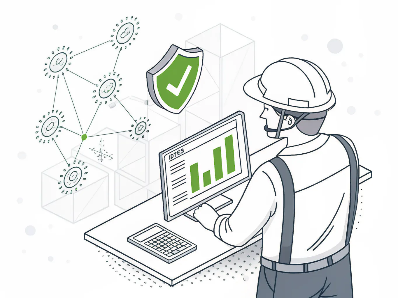 Engineer reviewing a vulnerability dashboard with a green shield and connected network nodes