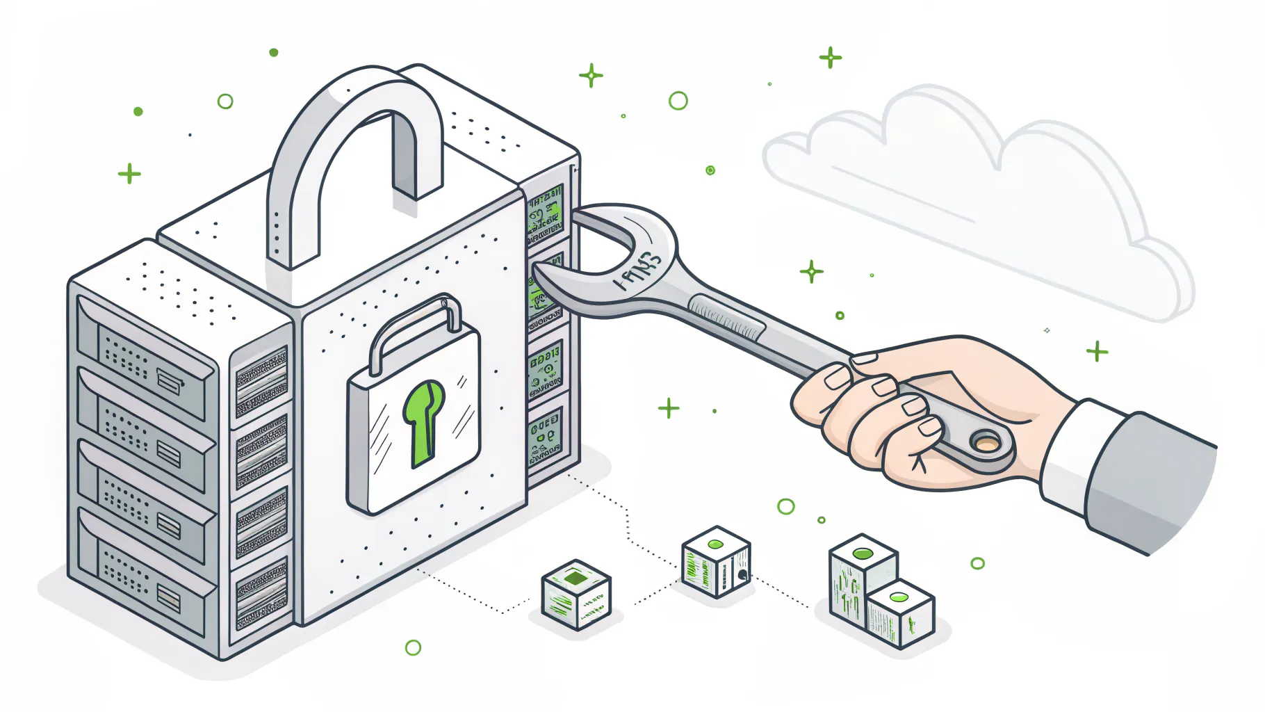 A hand closing an open padlock on a server with a wrench, representing fixing findings