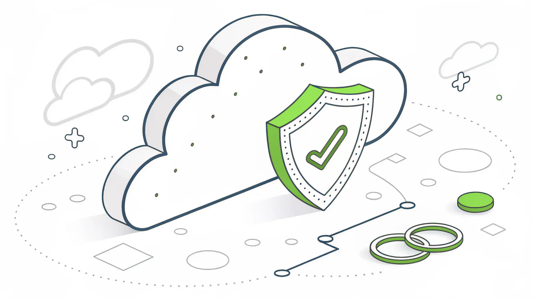 Isometric illustration of a recovery cloud protected by a shield with a restore arrow