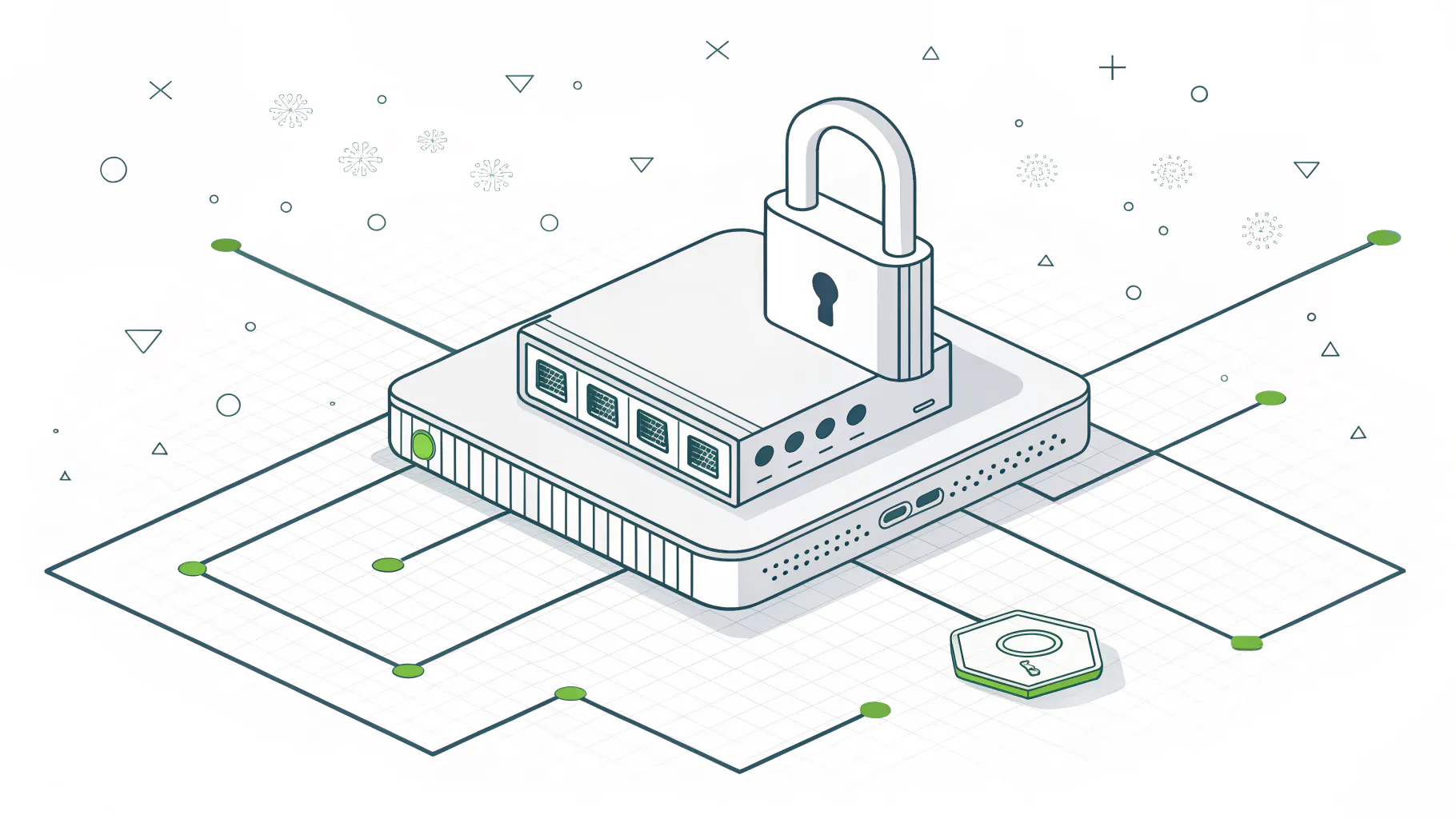 Network switch secured with a padlock on a segmented network grid, representing the SEMI E187 network security domain