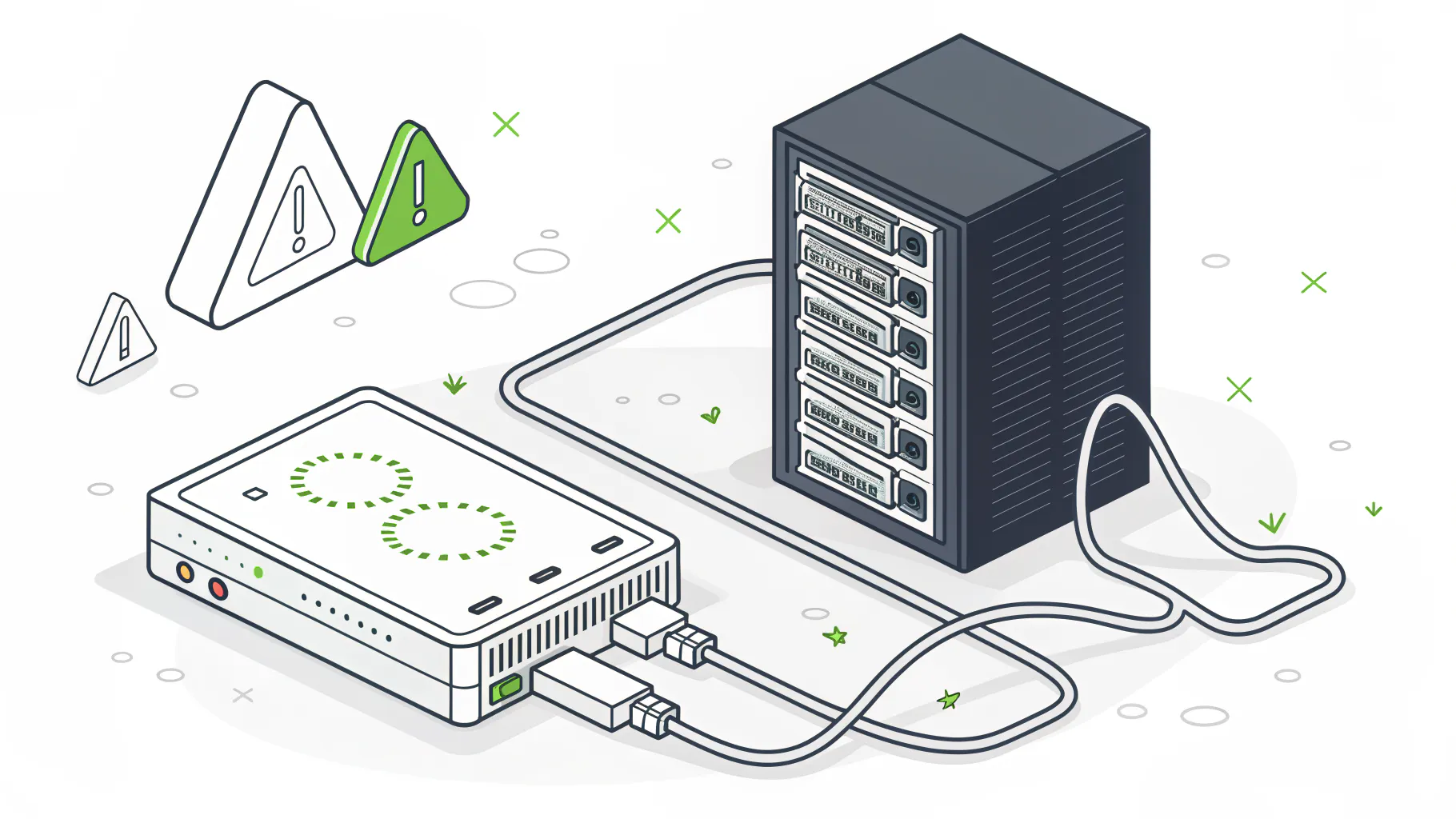 Network switch with disconnected cables beside a dark server rack and warning triangles, representing IT infrastructure failures that stop production