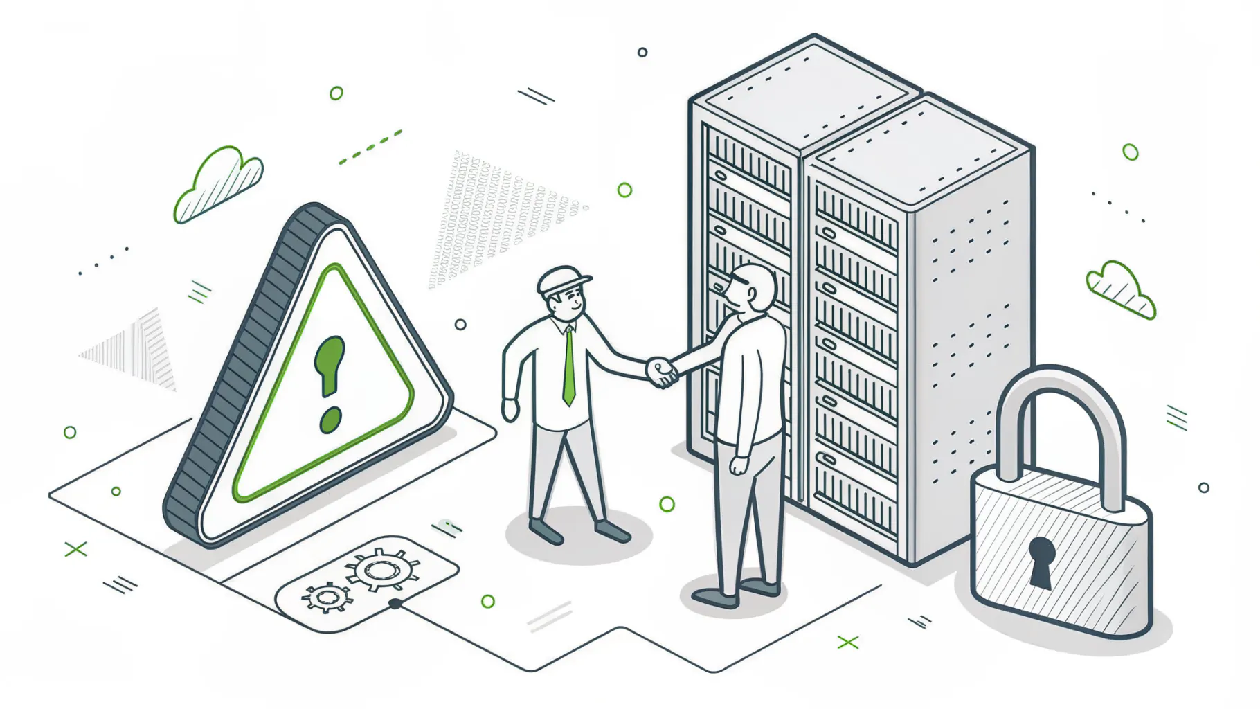 Warning triangle and padlock beside two people shaking hands in front of a server rack, representing red flags in an MSP contract