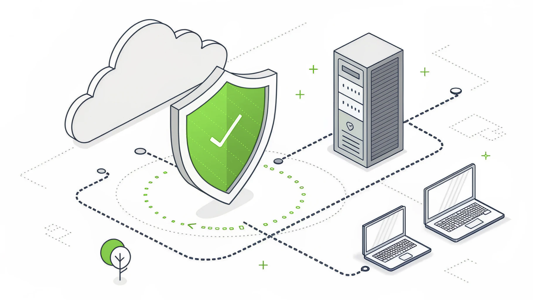 Isometric illustration of log sources feeding a central security shield